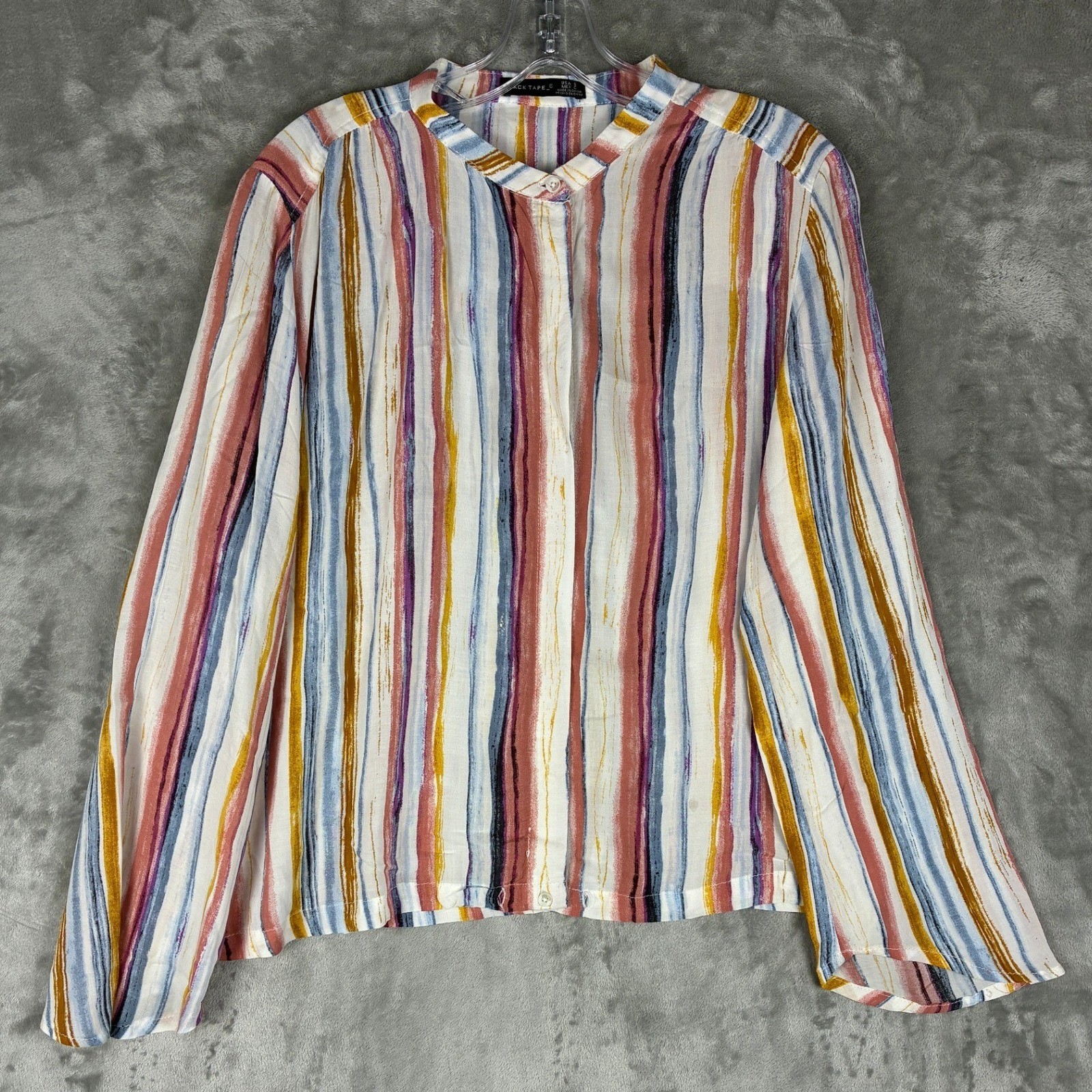 Black Tape Womens Striped Band Collar Long Sleeve Blouse Top Multicolor Small