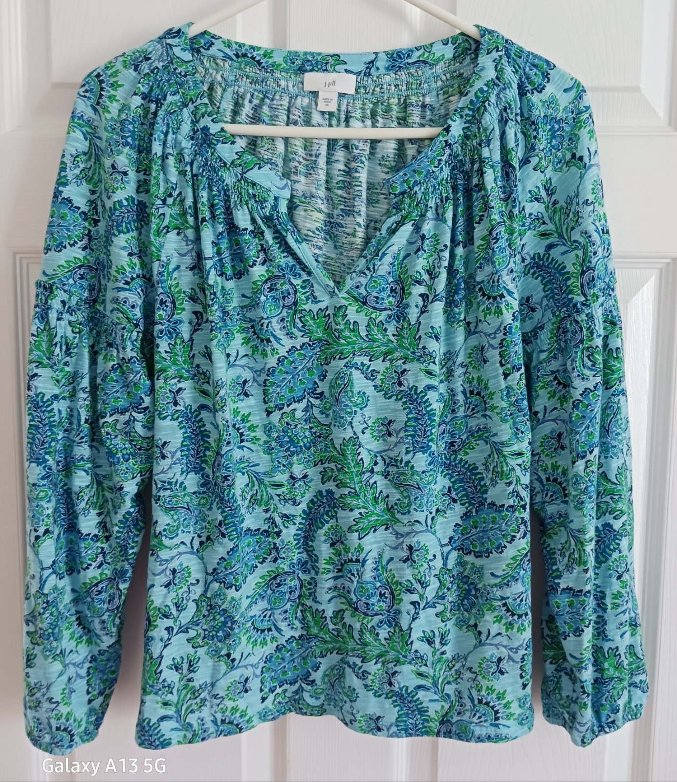 J.Jill Blue Lagoon LS Peasant Boho Smocked Blouse Top Floral Paisley Women’s XS