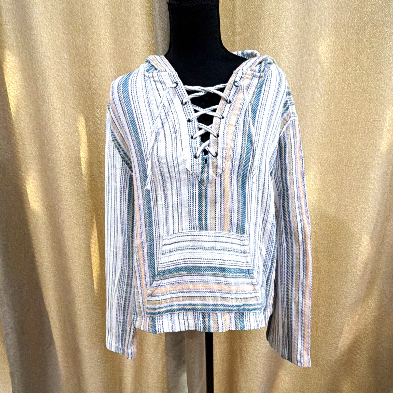 ROXY Womens M Multicolor Striped Cabo Lace-up Hoodie Pockets 100% Cotton
