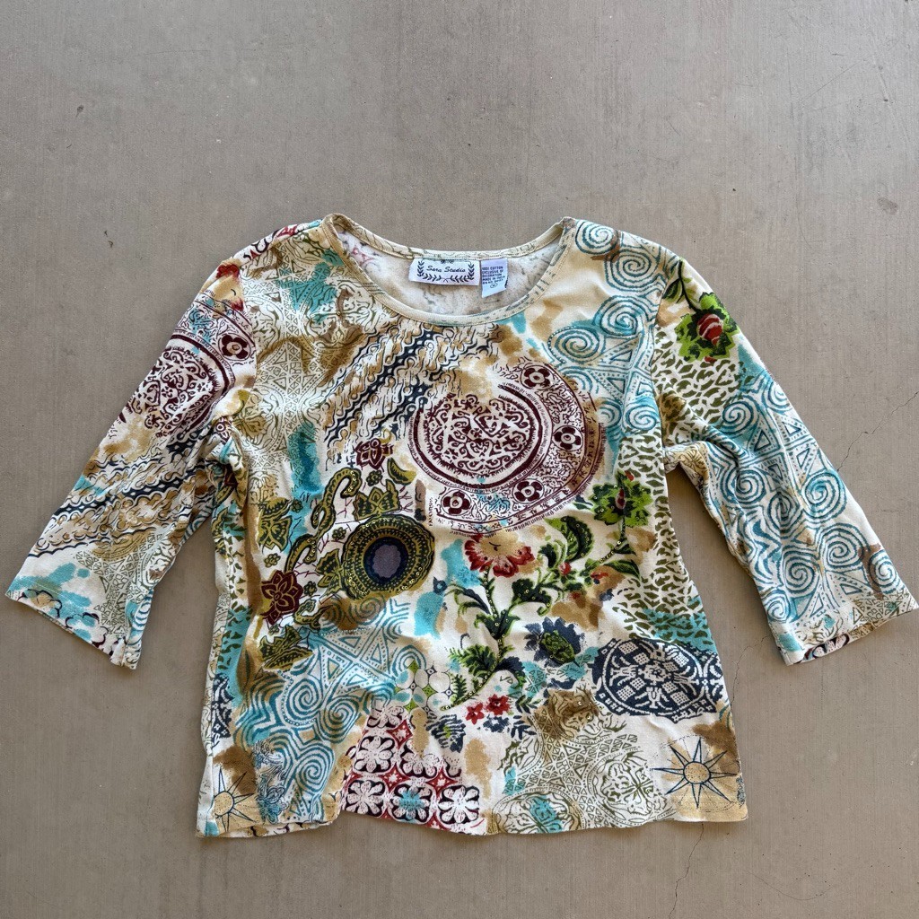 2000s Sara Studio Bohemian Paisley Knit Top Womens Medium 3/4 Sleeve