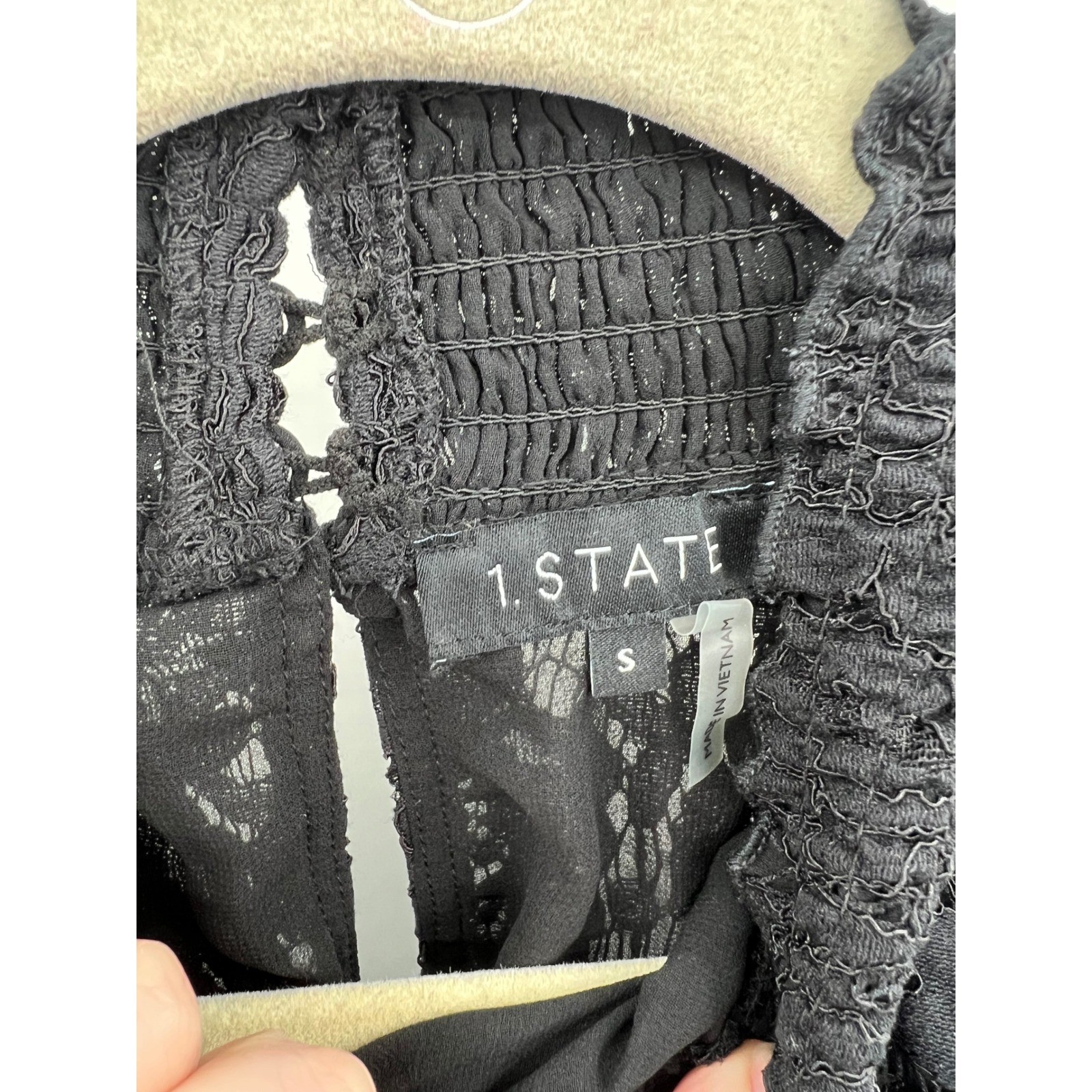 1.STATE Womens Rich Black Lace Smocked Mock Neck Blouse Small NWT