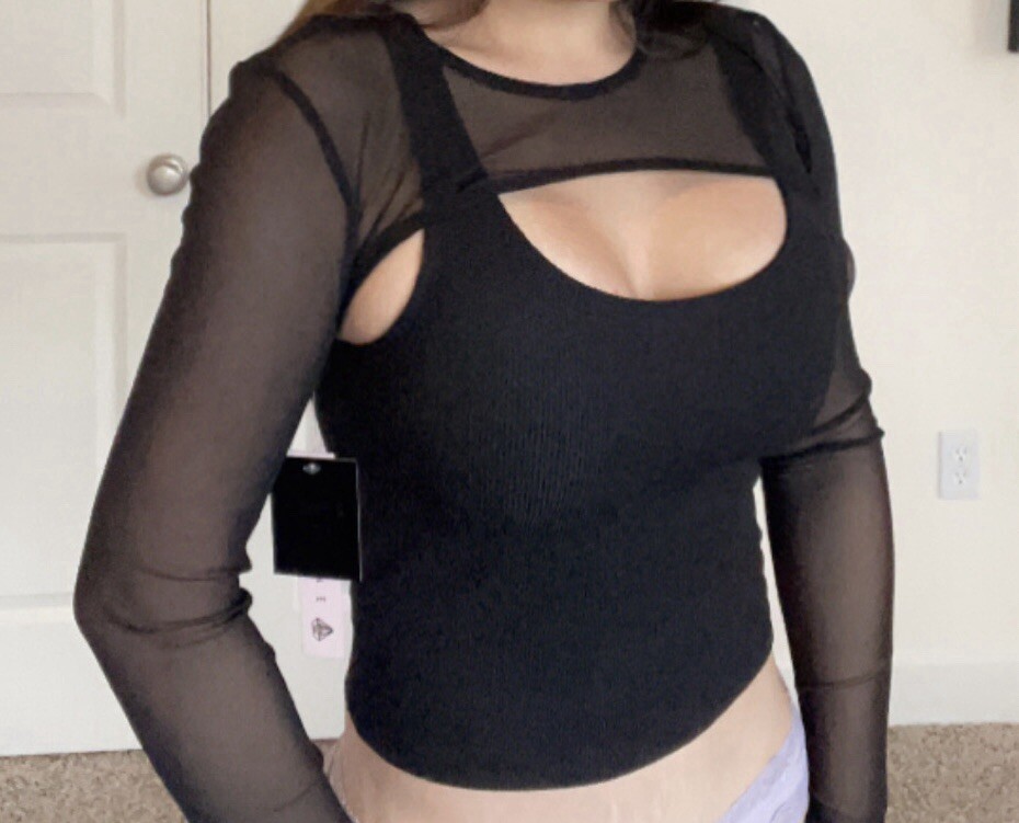 Sexy Black 2 Piece Sheer Long Sleeve Cover Over Crop Tank Top Sz S