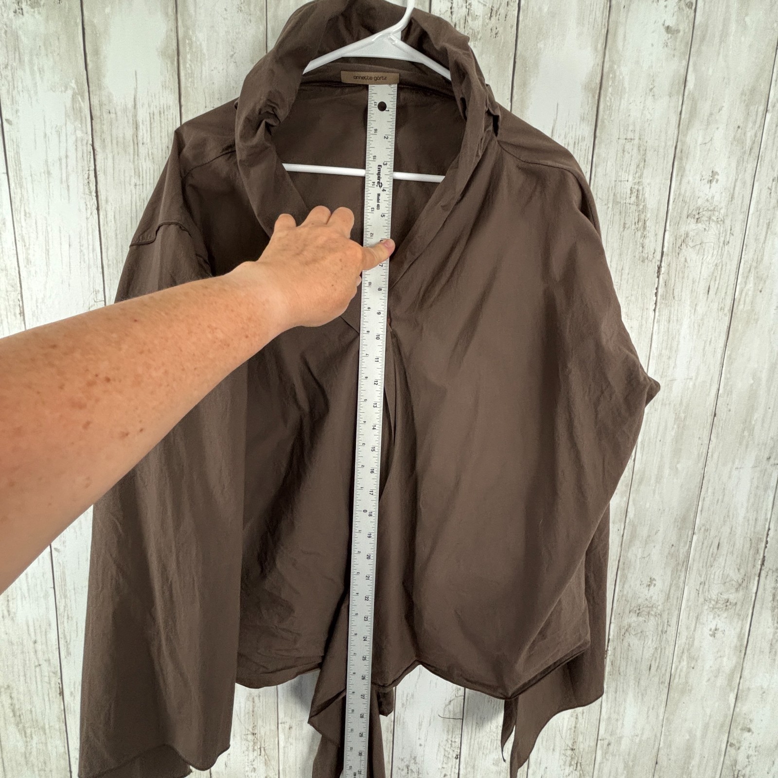 ANNETTE GORTZ Blouse Chocolate Brown Top Blouse V Neck Wrap Flare Sleeve 38/M