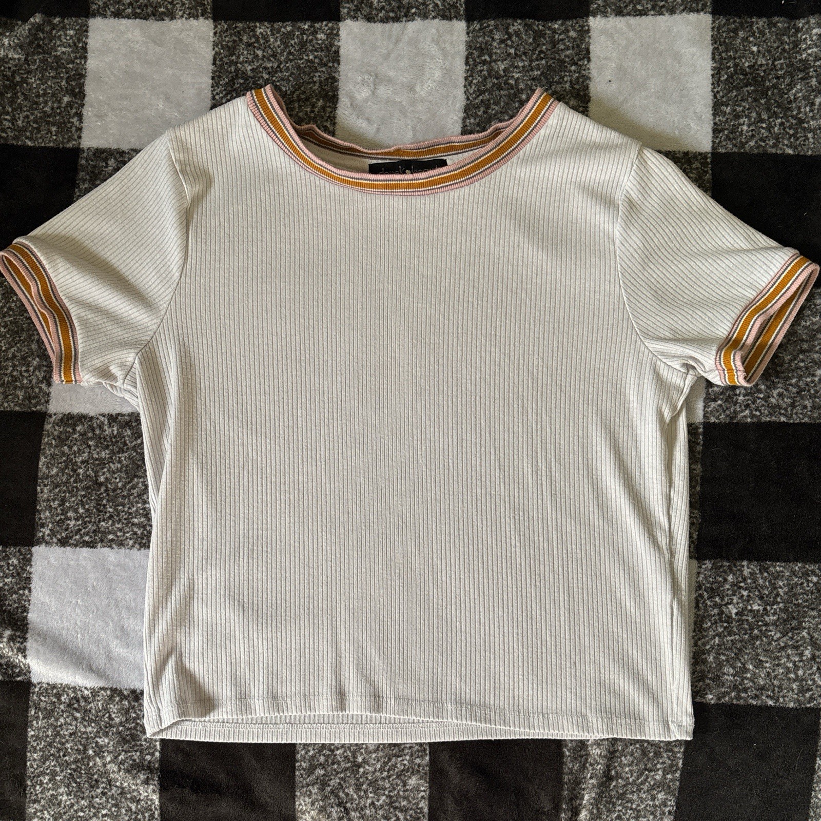 Derek Heart Women’s White Solid Ribbed Knit Crew Neck Short Sleeve T-Shirt L
