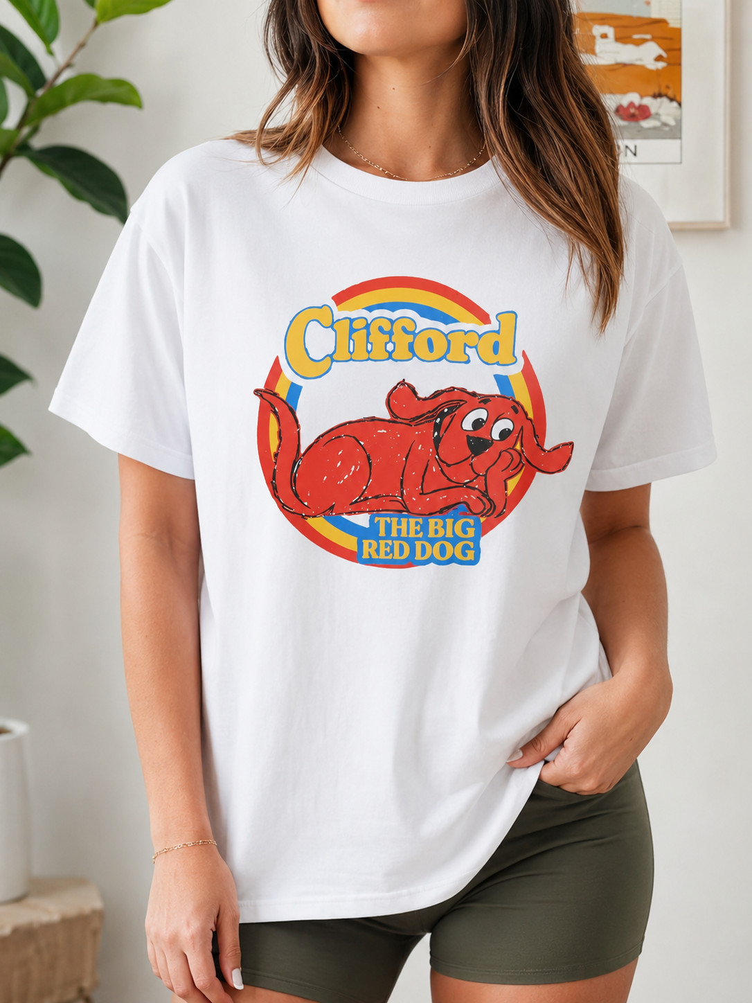 Big Red Dog Graphic T-Shirt Cartoon Puppy Tee Unisex Cotton Shirt Gift