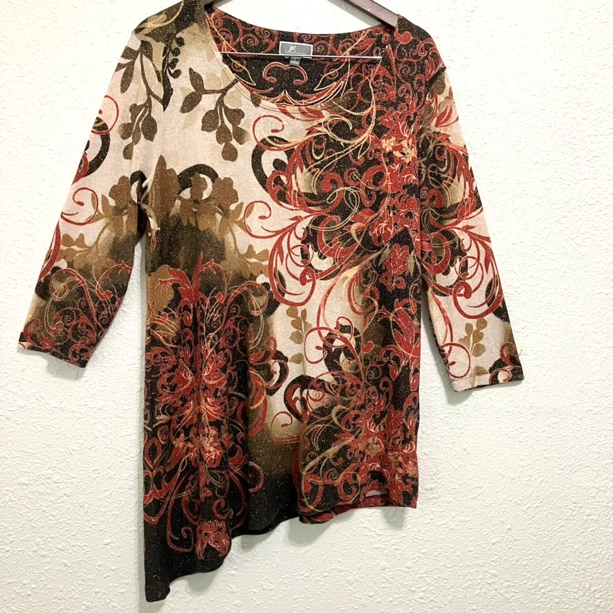 JM Collection Tunic Women’s L Autumn Scroll Metallic Sparkle Asymmetrical Y2K