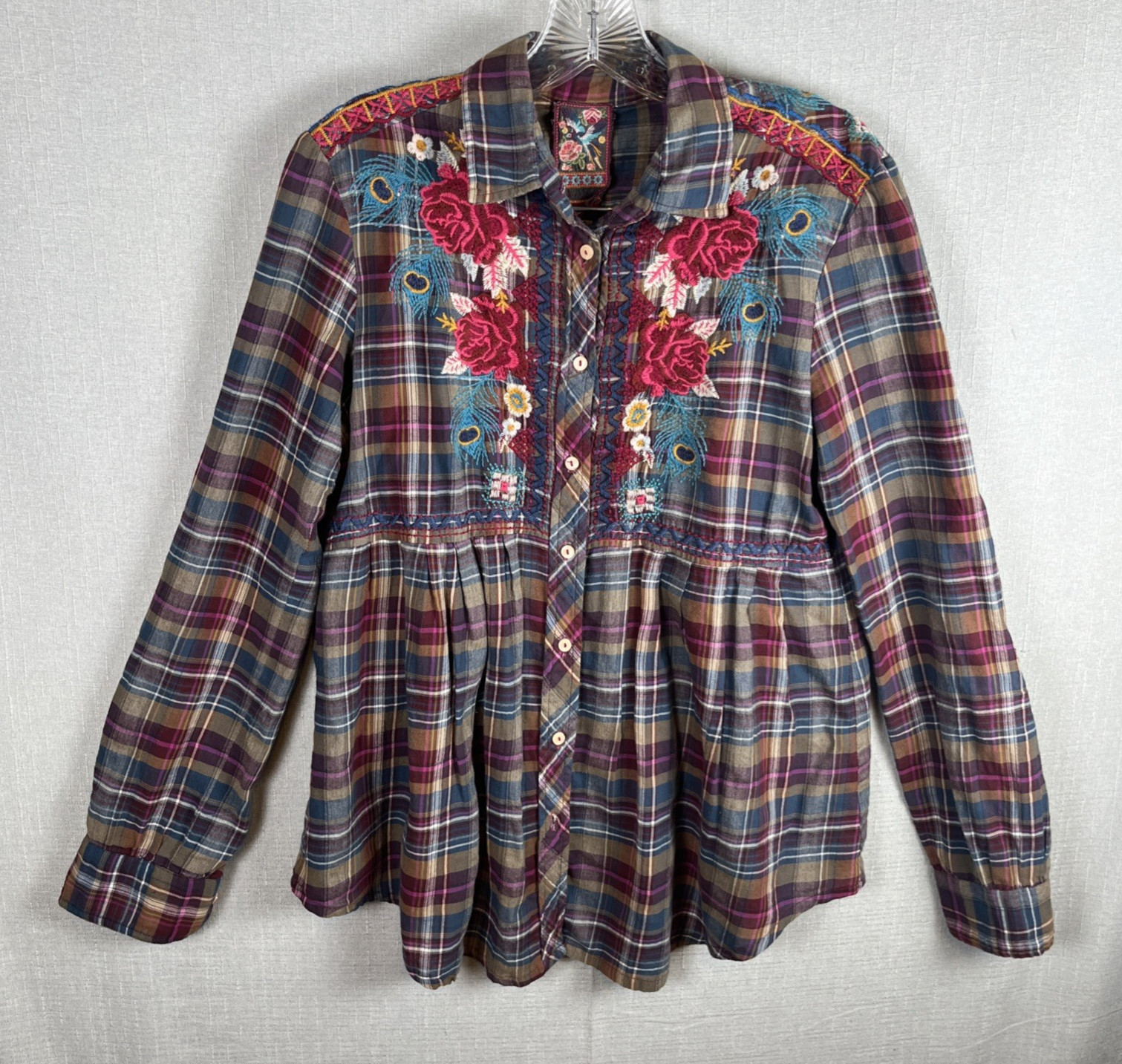 Johnny Was 3J Workshop Embroidered Floral Peacock Feather Plaid Shirt Size Small