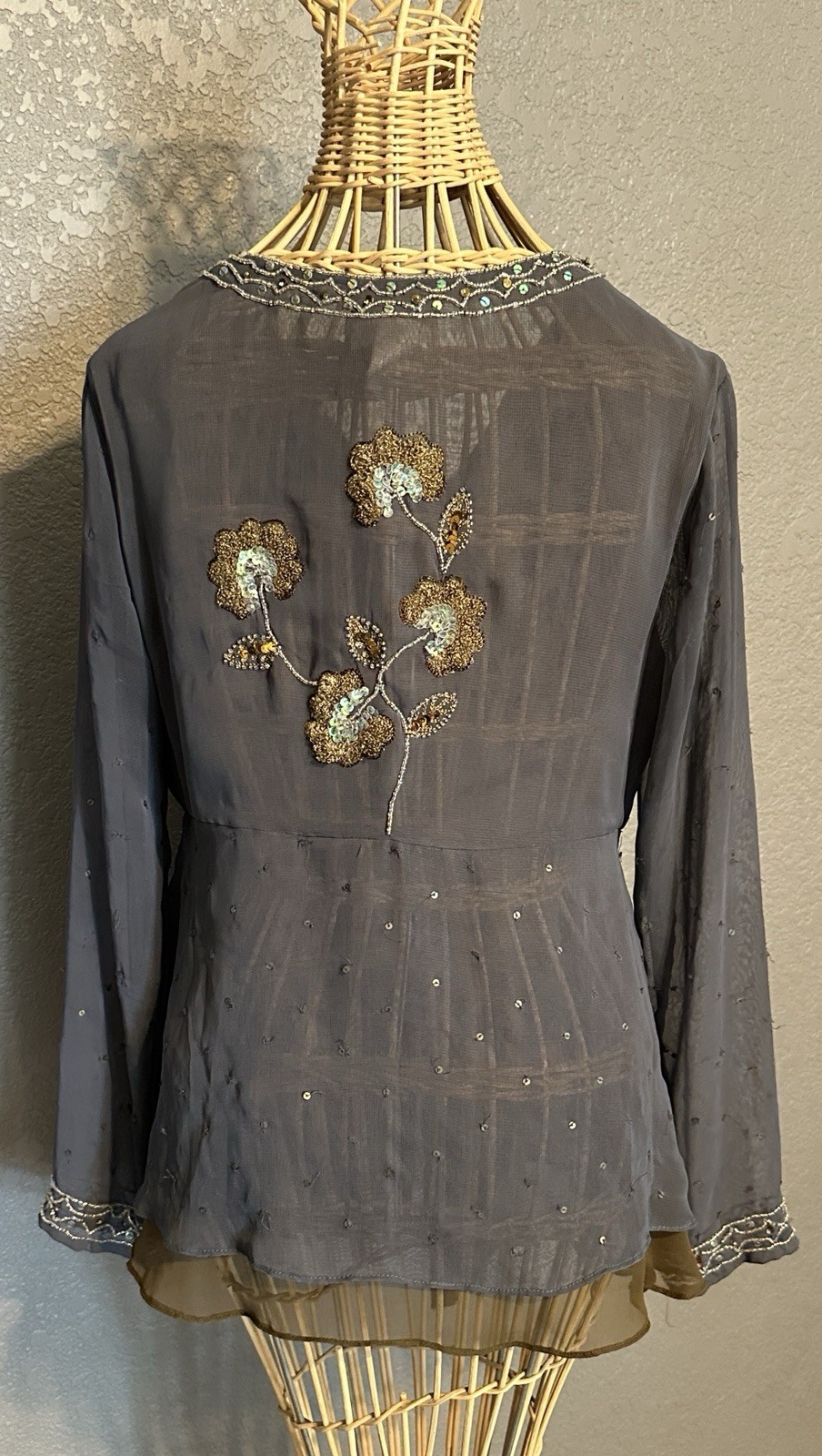 Soft Surroundings Gray Chiffon S Blouse Sequins Dark Fairy Core Whimsigoth