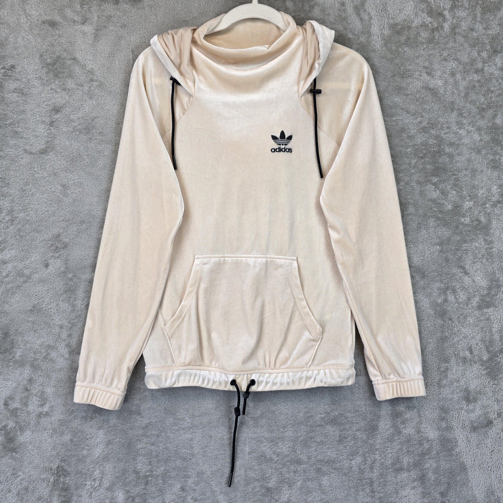 Adidas Hoodie Womens XS Beige Velour Pullover Trefoil Adjustable Hem Pockets