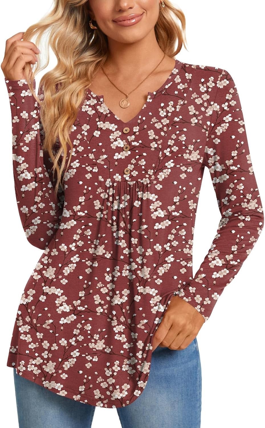 Womens Long Sleeve Tops Henley Shirt V-neck Down Blouse Casual Pleated Pullover