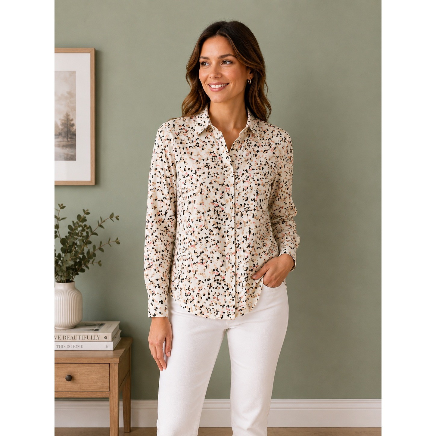 Foxcroft Button Down Shirt Womens Size 4 Cream Multicolor Polka Dot Non-Iron