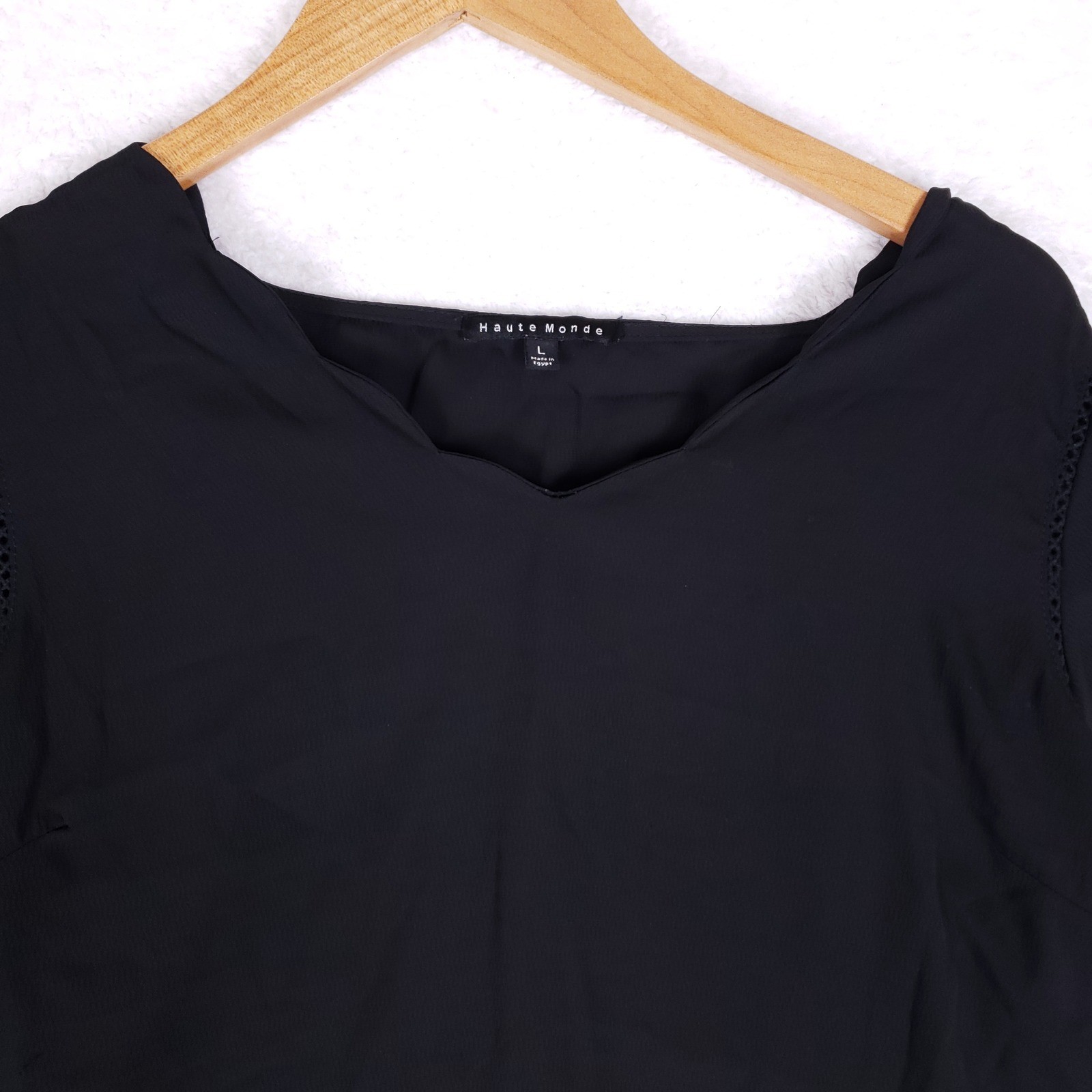 Haute Monde Blouse Womens L Scallop Neck Black Tulip Sleeve Office Professional