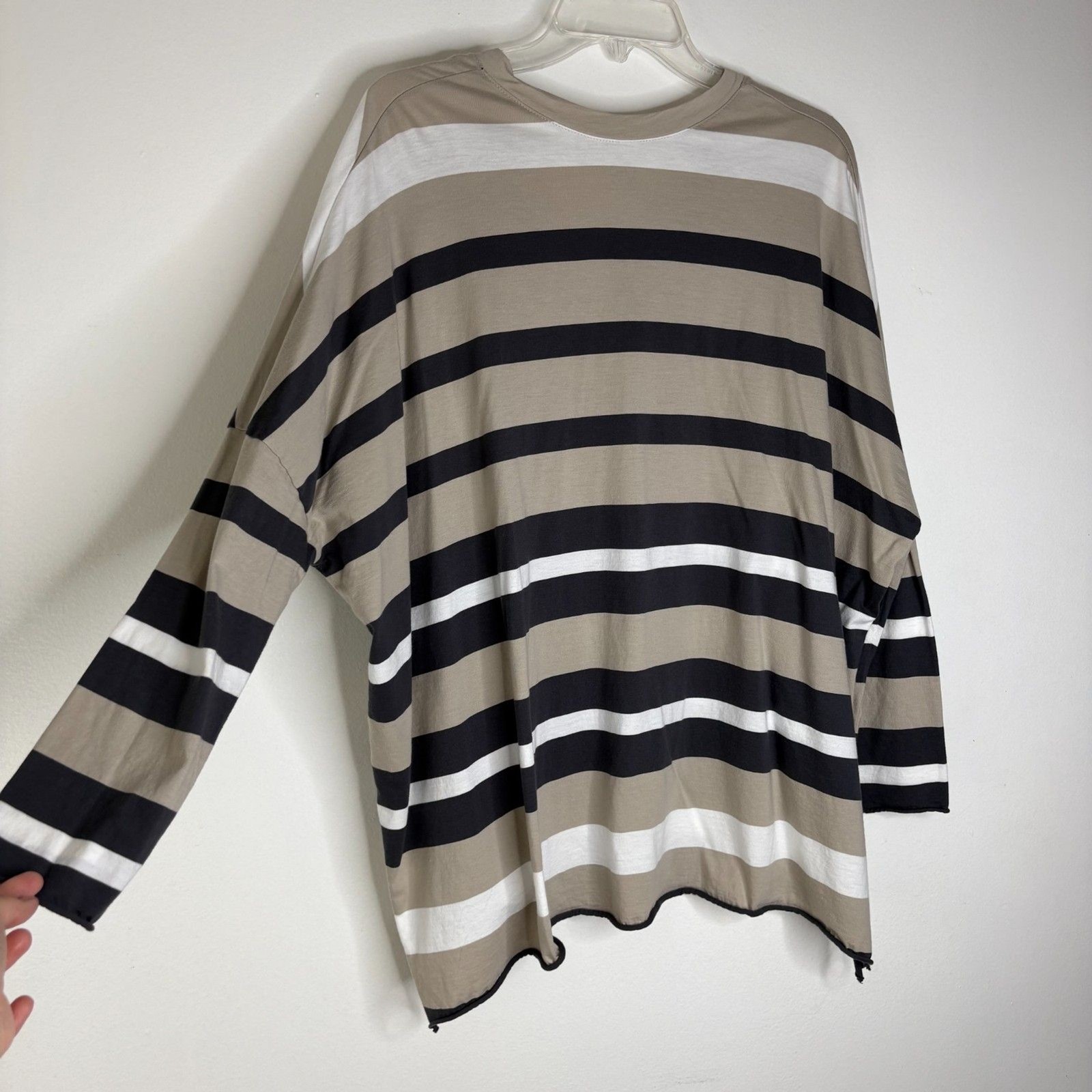 Planet One Size 100% Pima Cotton Striped V-Neck Tunic Top Beige Black Peru