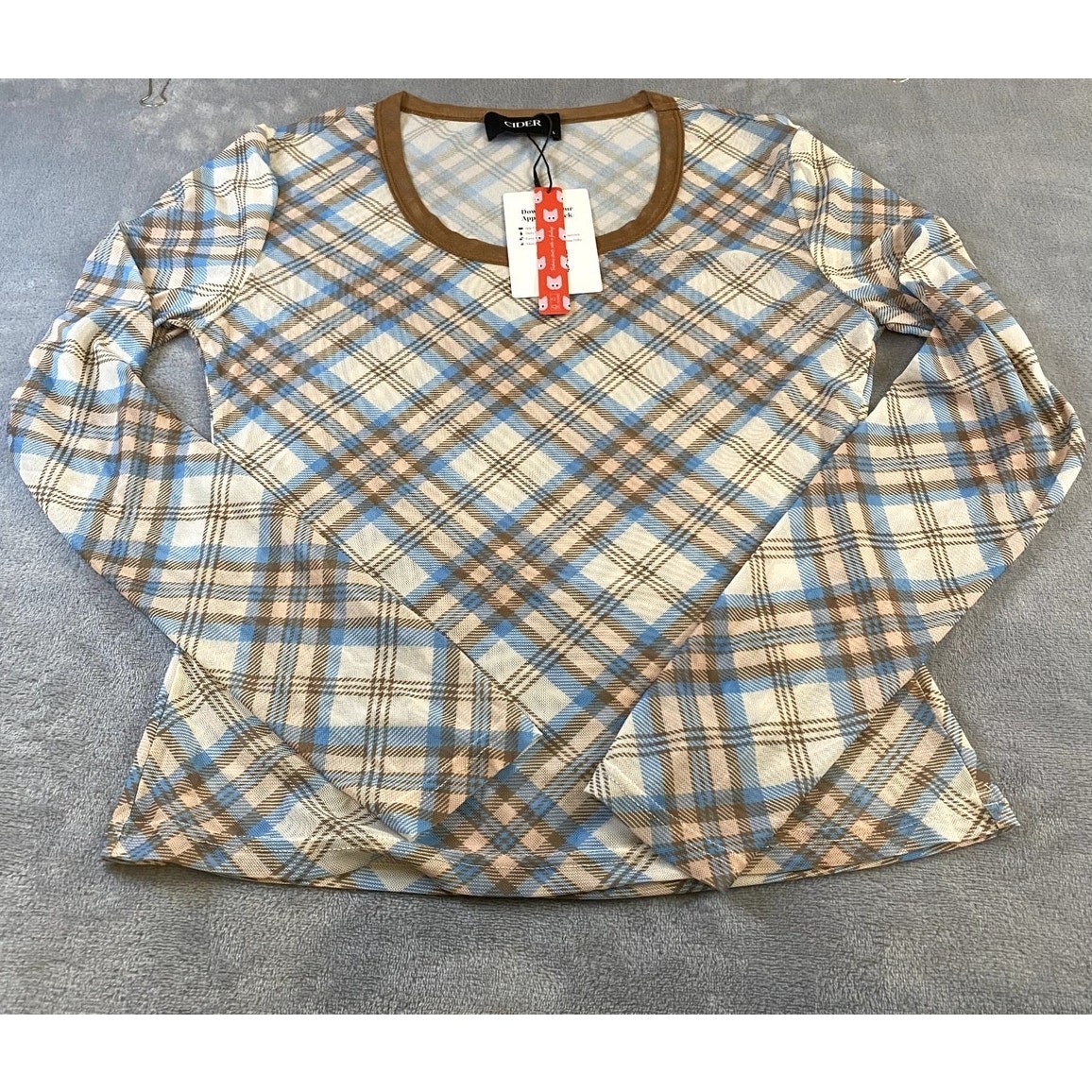 NWT Sheer Cider Blue and Brown Plaid Long Sleeve Top