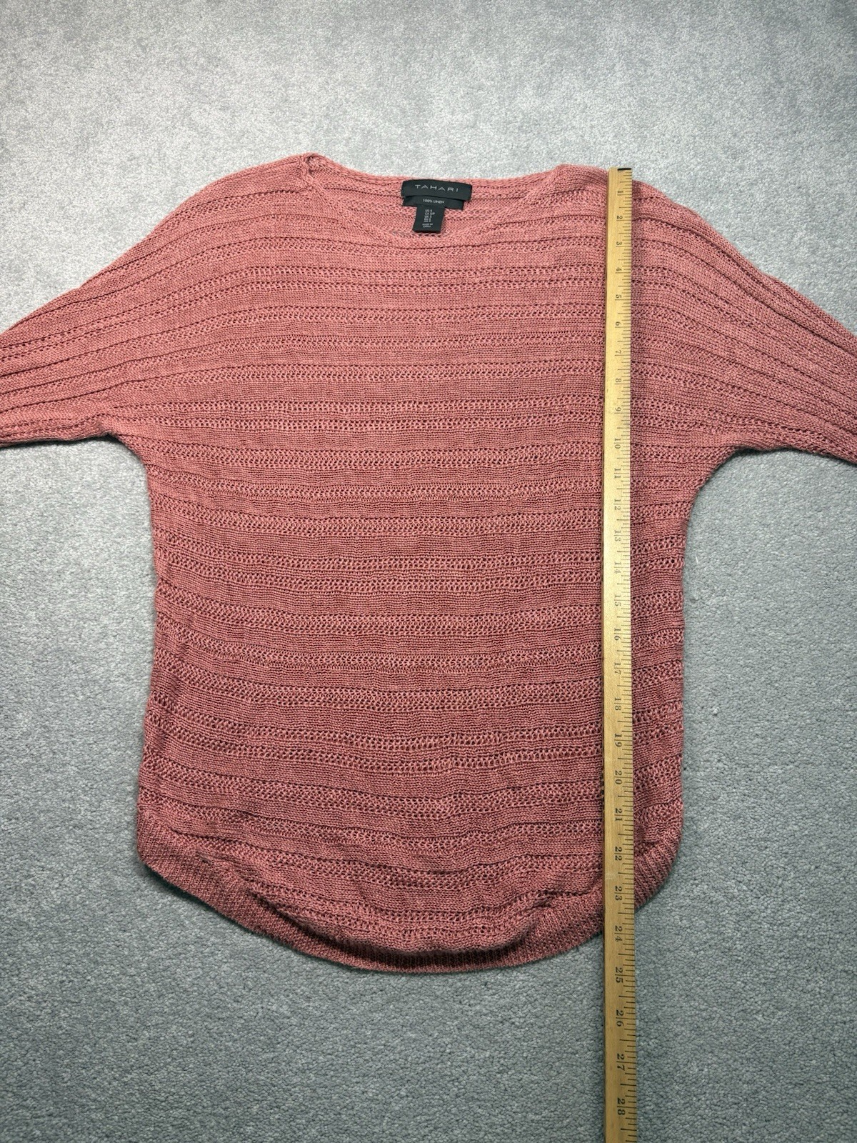 TAHARI Crochet Knit Linen Boat Neck Top Women’s Small 3/4 Sleeve Mauve Pink