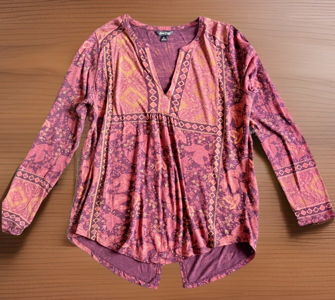 LUCKY BRAND Blouse Womens Medium Purple Pink Split Back Tapestry Boho Top