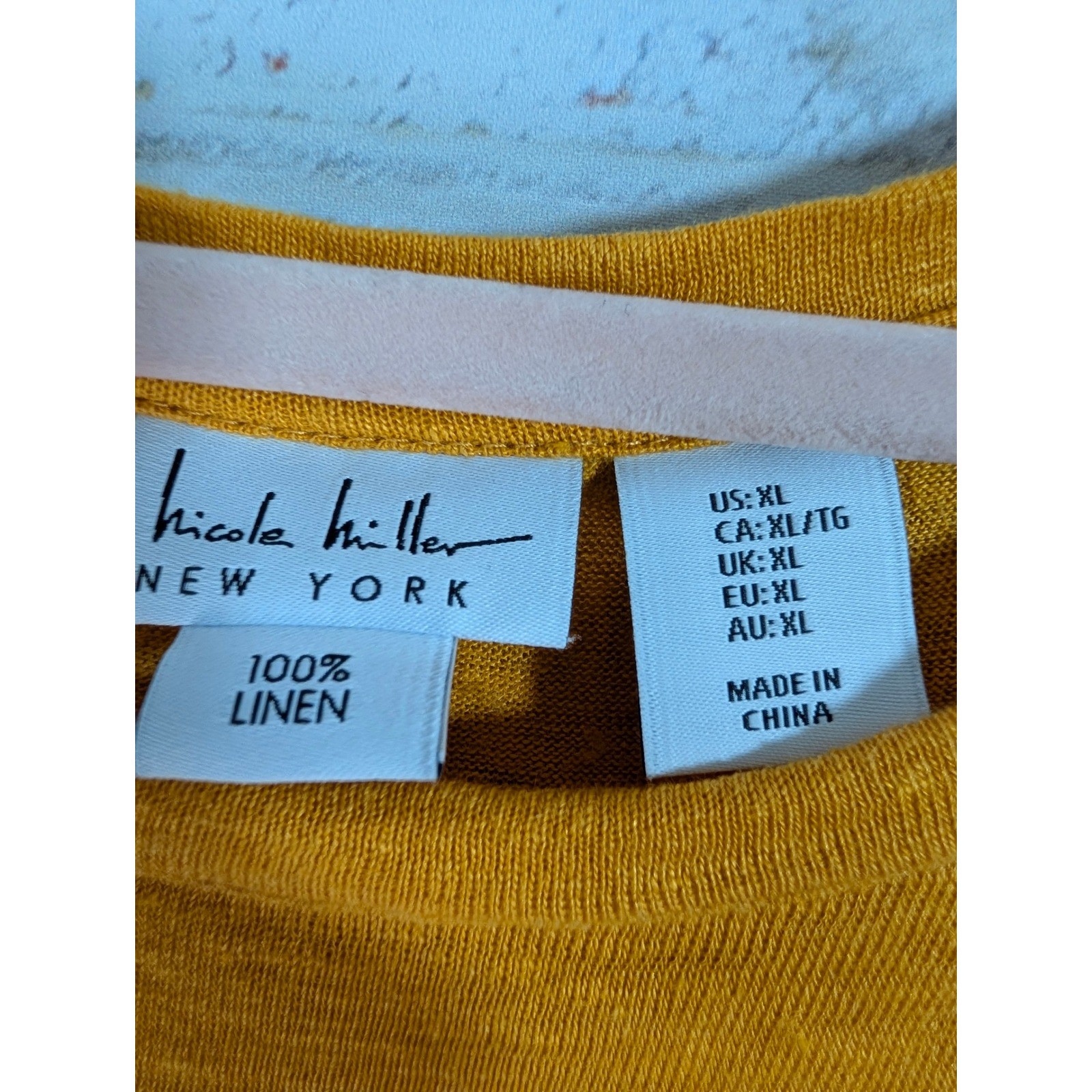 Nicole Miller Linen Top Women XL Mustard Yellow Short Sleeve Scoop Neck Tee