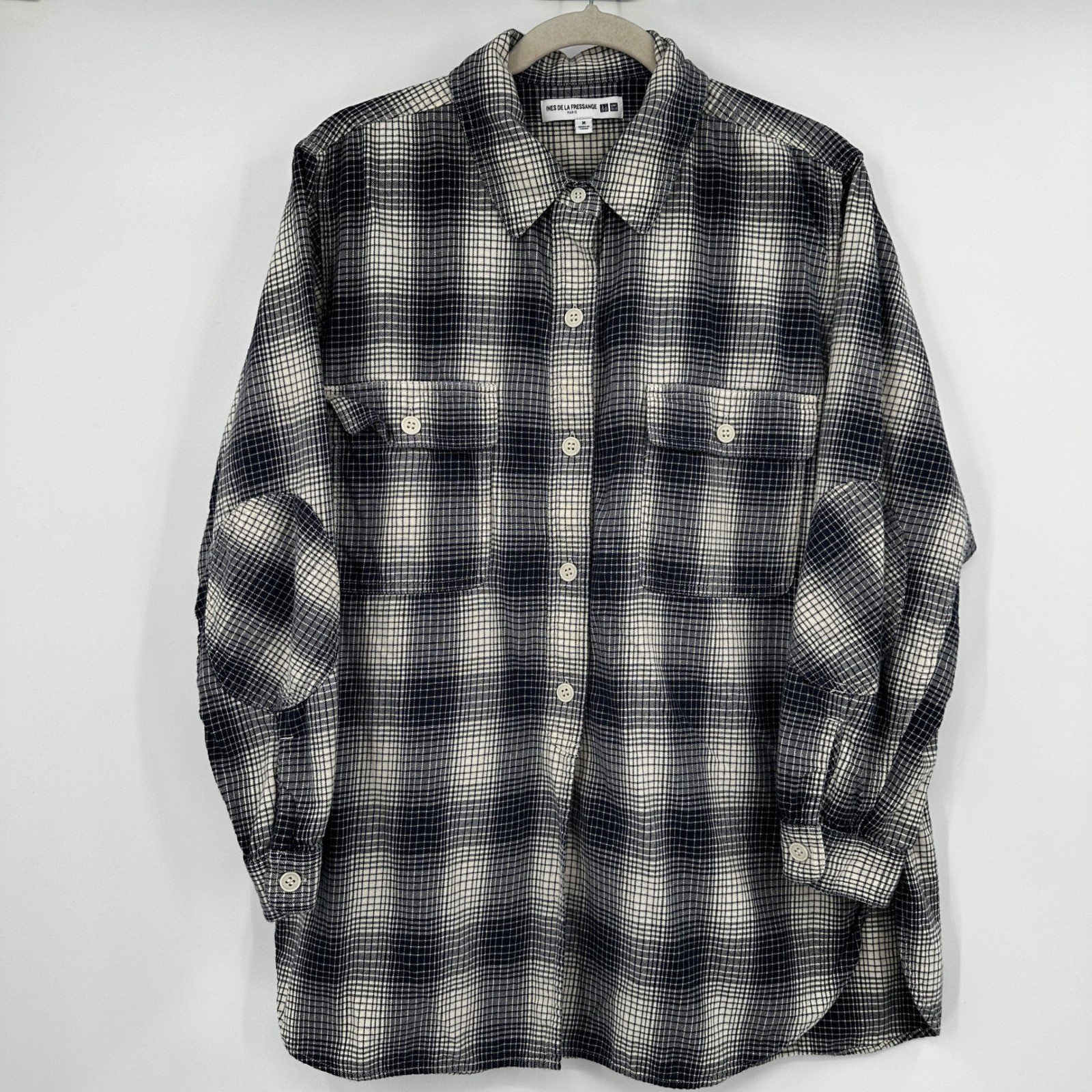 Ines de la Fressange Uniqlo Navy White Plaid Flannel Shirt Elbow Patches Medium