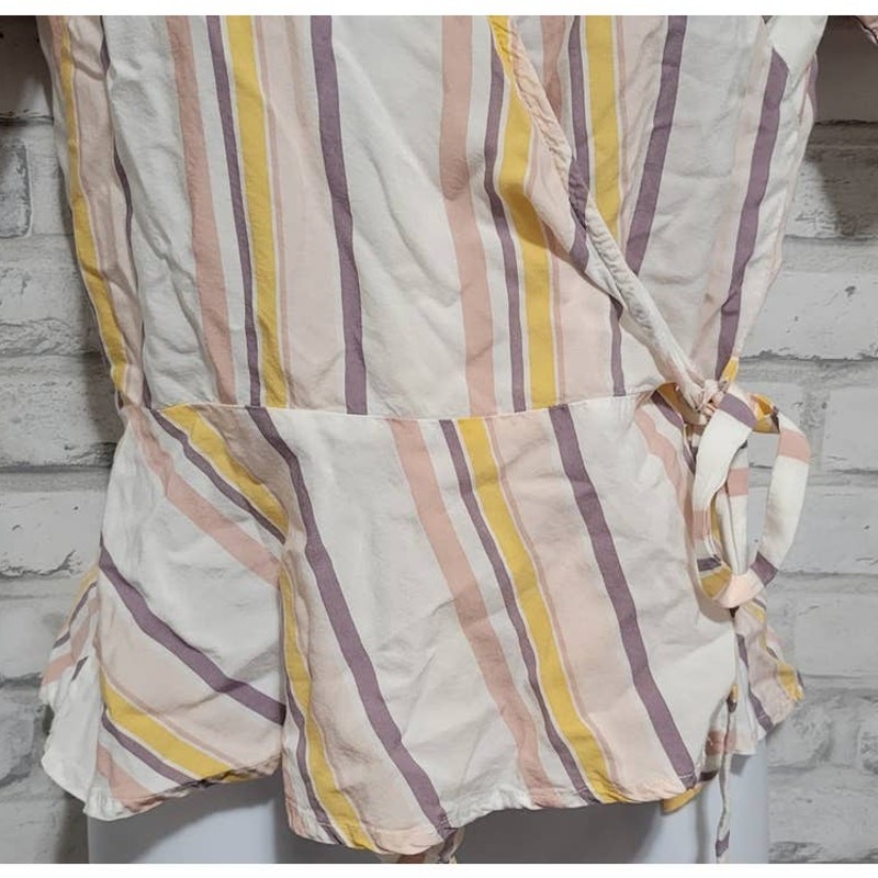Paper Crane Pink Orange Vertical Striped Wrap Blouse Womens Summer Small Peplum