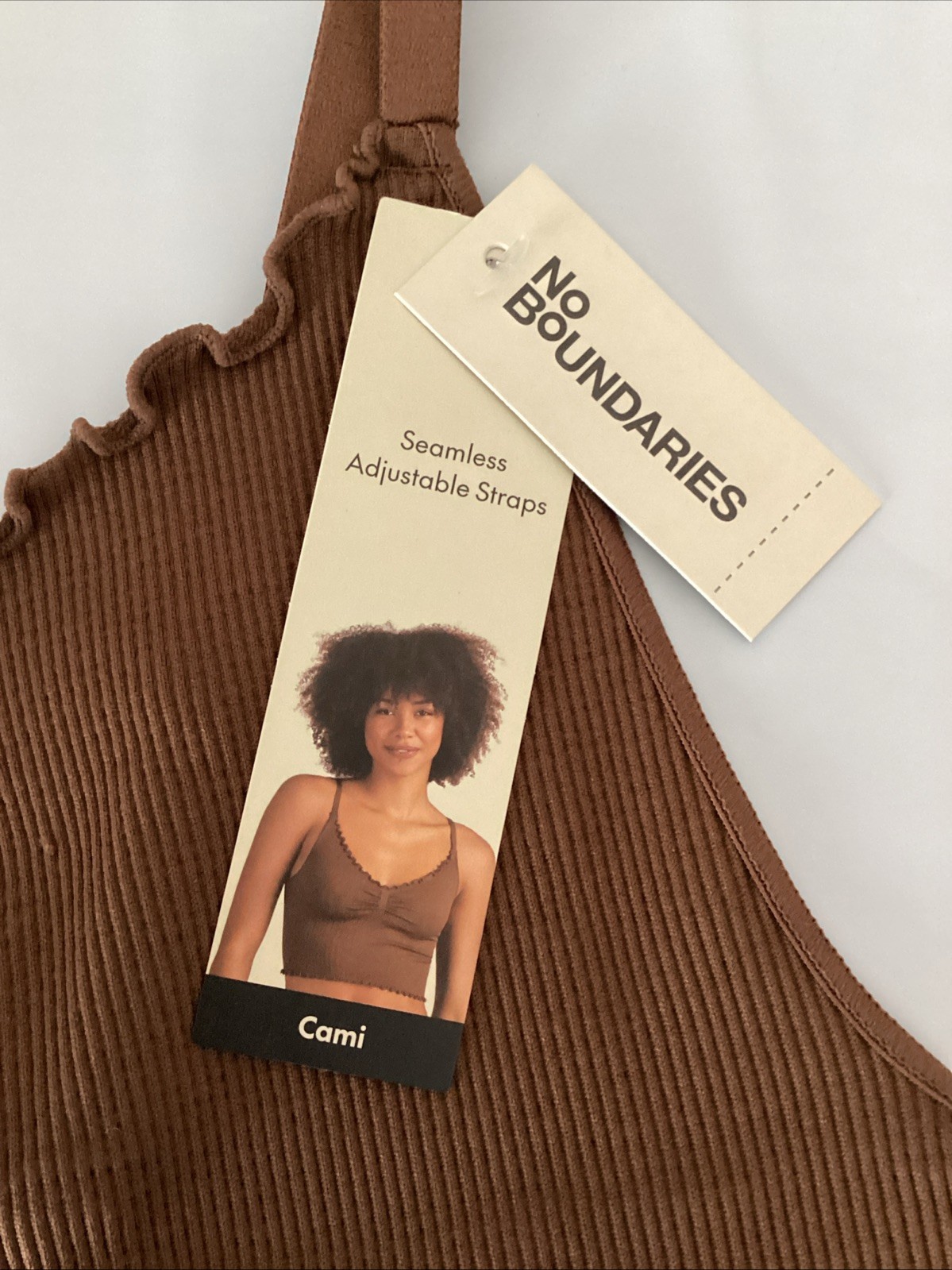 NOBO NO BOUNDARIES BROWN LETTUCE EDGE RIB KNIT CROP CAMI Sz. Jr. XL*