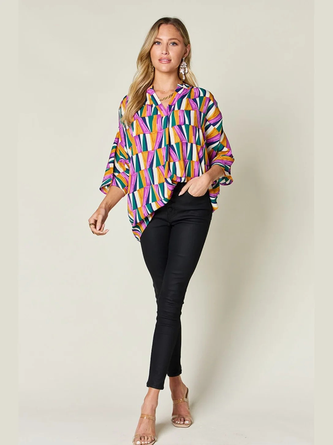 Women Double Take Full Size Geometric Notched Dolman Sleeve Top