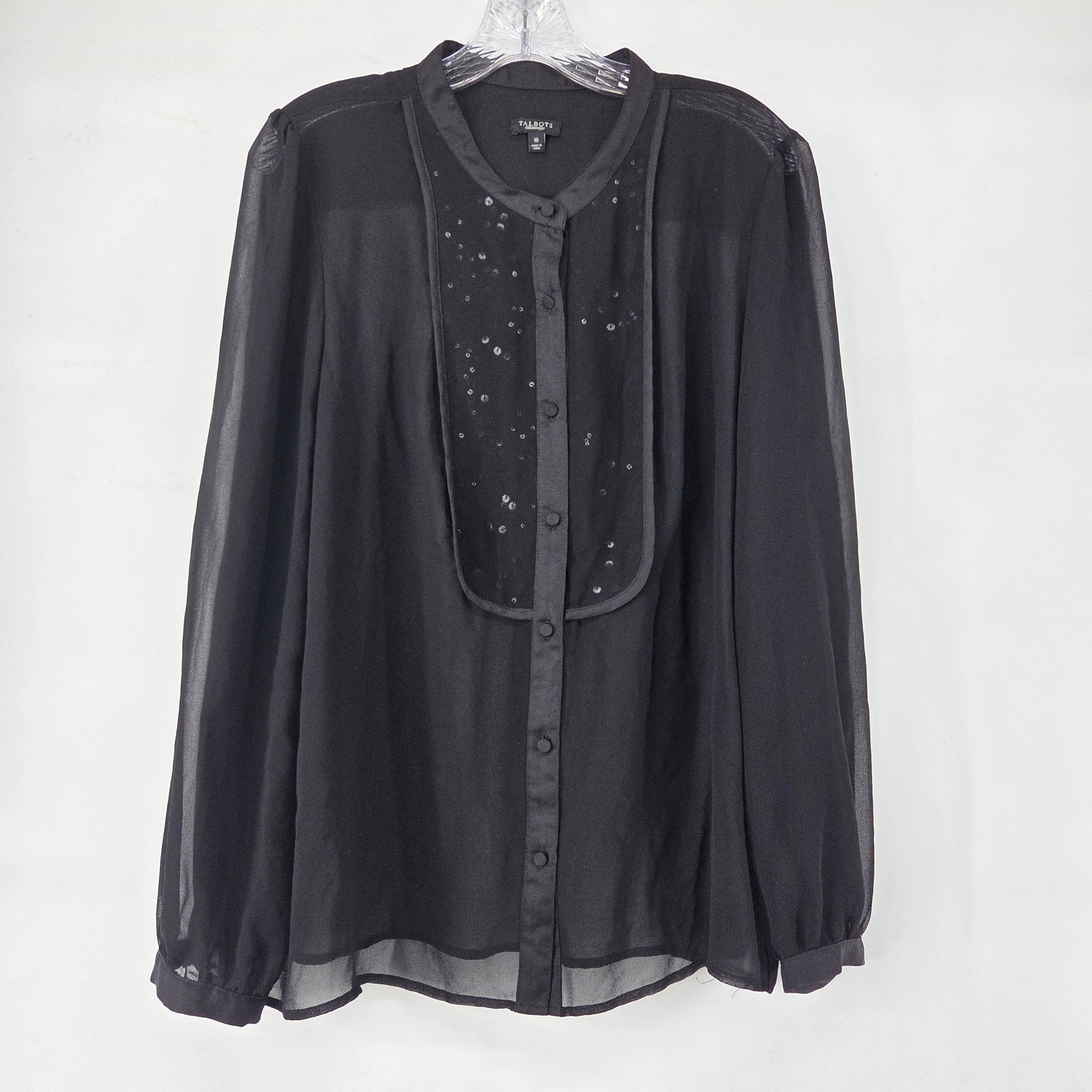 Talbots Blouse 16 Black Sequin Bib Sheer Long Sleeve Elegant Classic Party