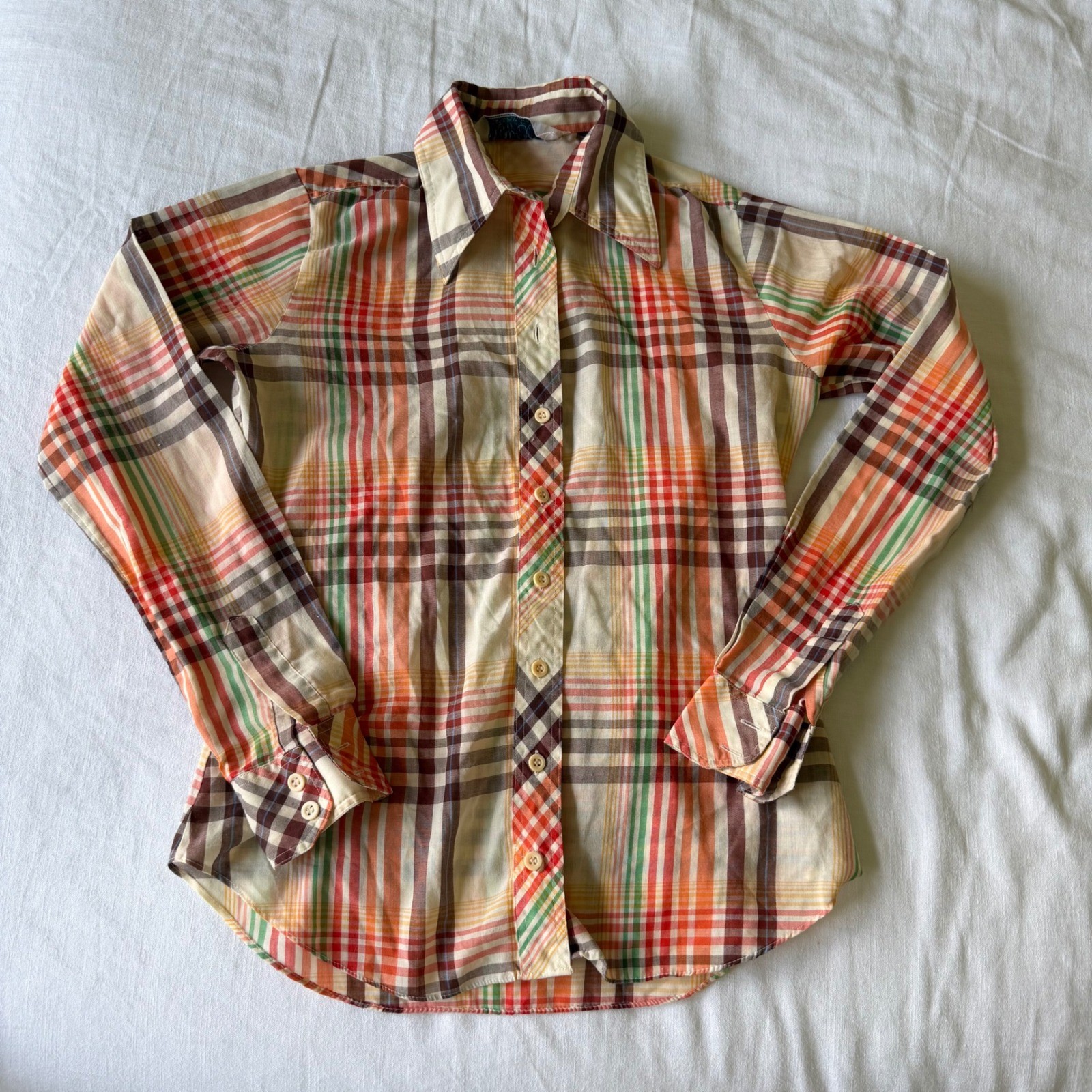 Huka-Poo Vintage 70s Plaid Button Up Shirt Orange Green Pointed Collar