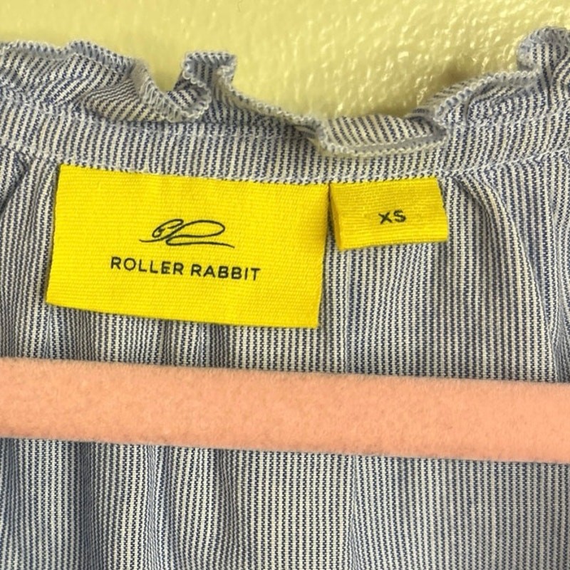 Roller Rabbit Womens Top Blue Striped V Neck Blouse Floral 3/4 Sleeve, Size XS