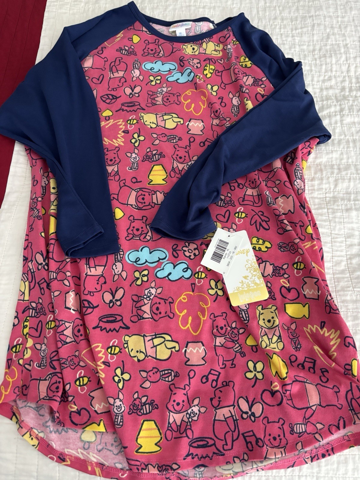 LuLaRoe Randy Winnie The Pooh Pink and Blue Pattern XL with Piglet On Sleeves