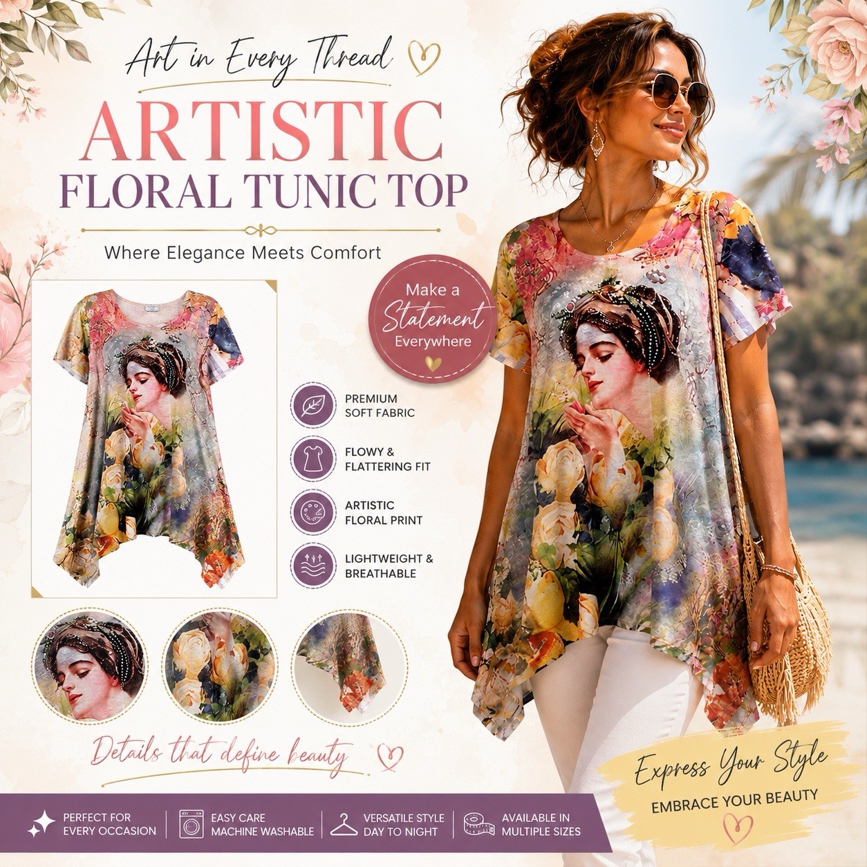 Women Artistic Floral Tunic Top Multiple Sizes Available Let Us Know Your Size