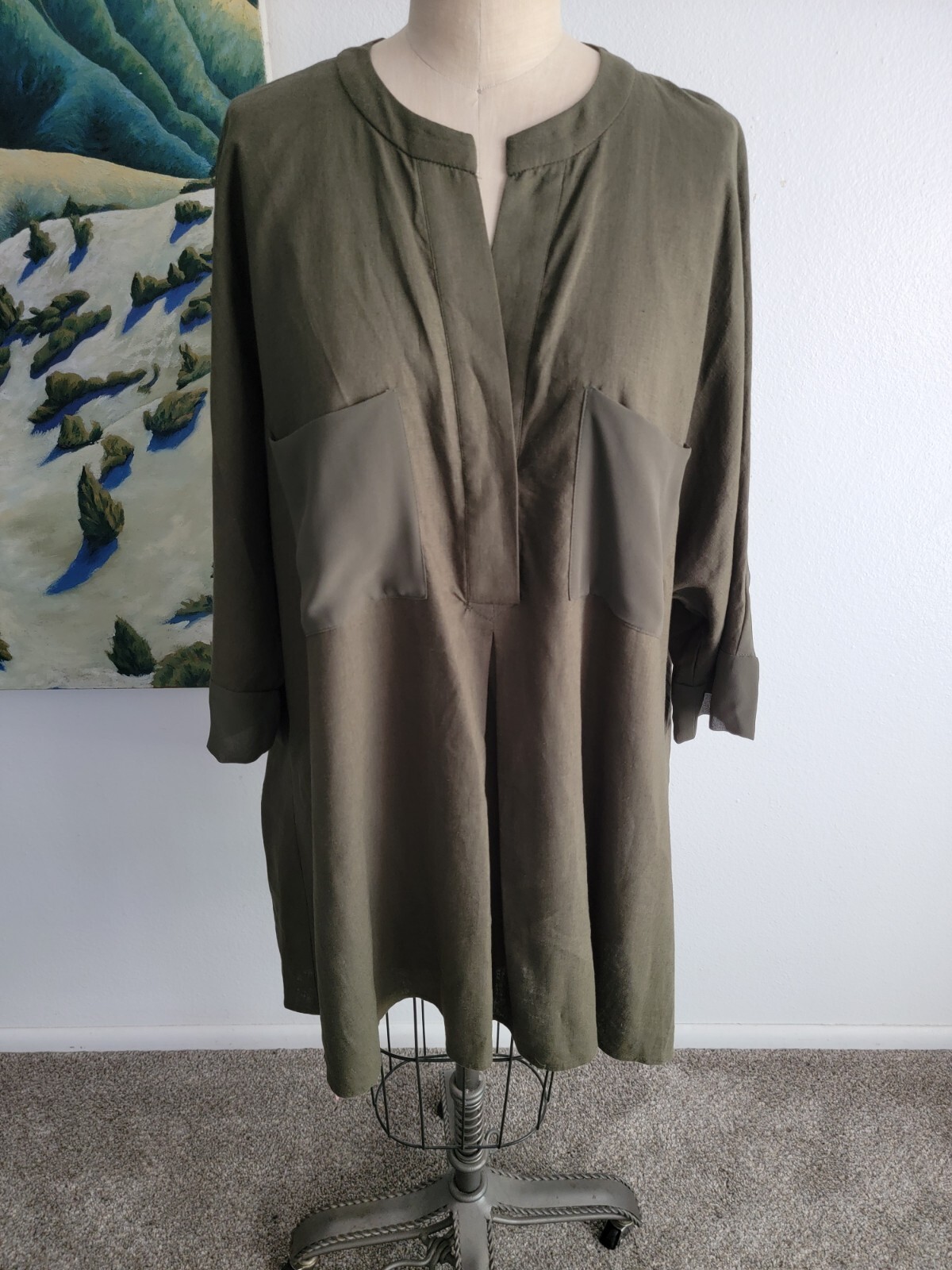 Anne Klein Womens Linen Tunic Top 1X Plus High-Low Olive Green Modern