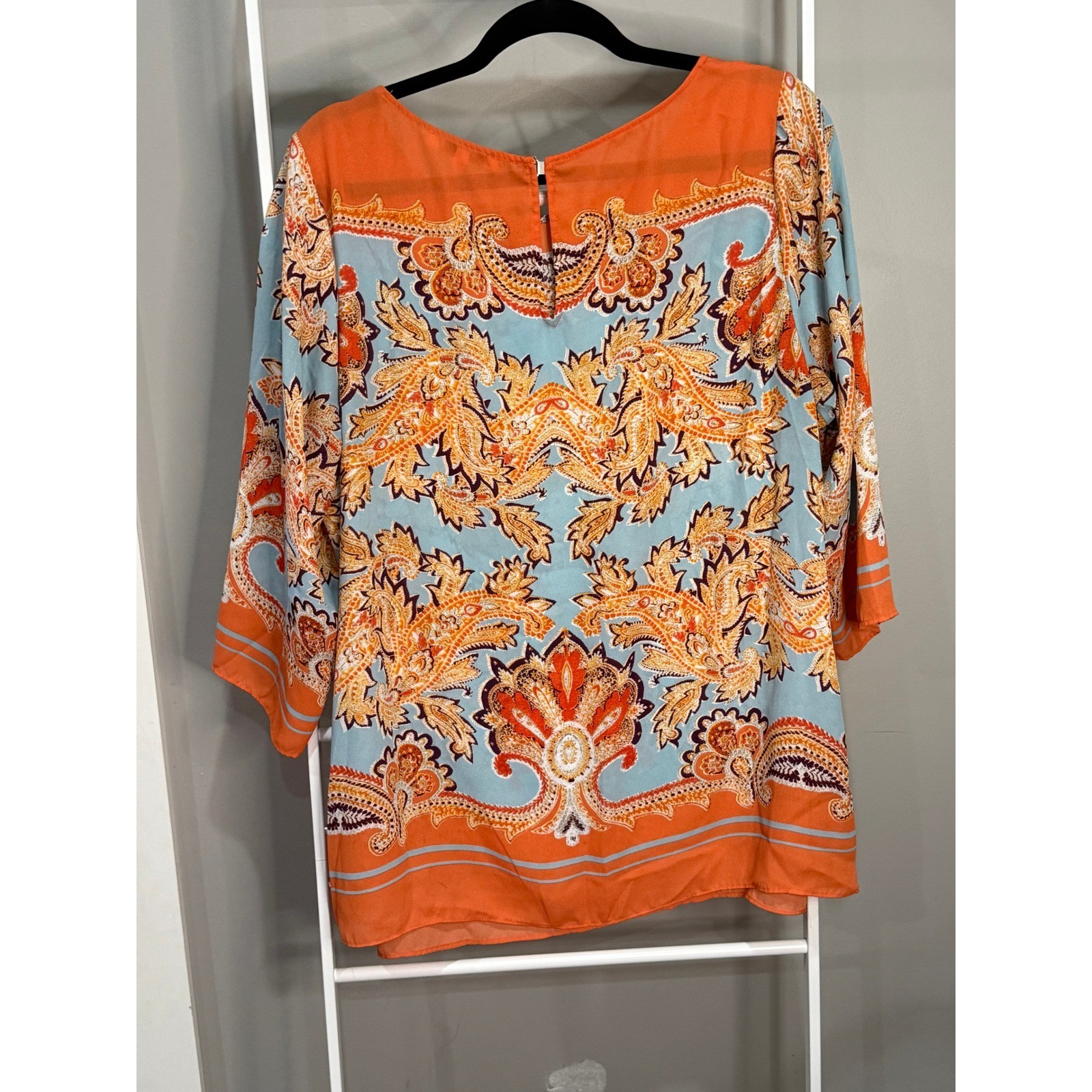 Rose + Olive Orange Blue Paisley Print 3/4 Sleeve Tunic Blouse Plus Size 1X Boho