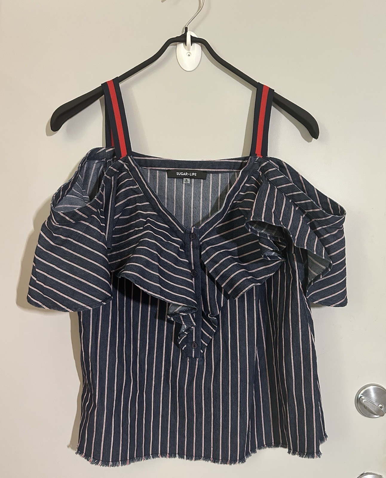 Sugar+lips Off The Shoulder W/Straps Flutter Sleeves Denim Striped Top Size M