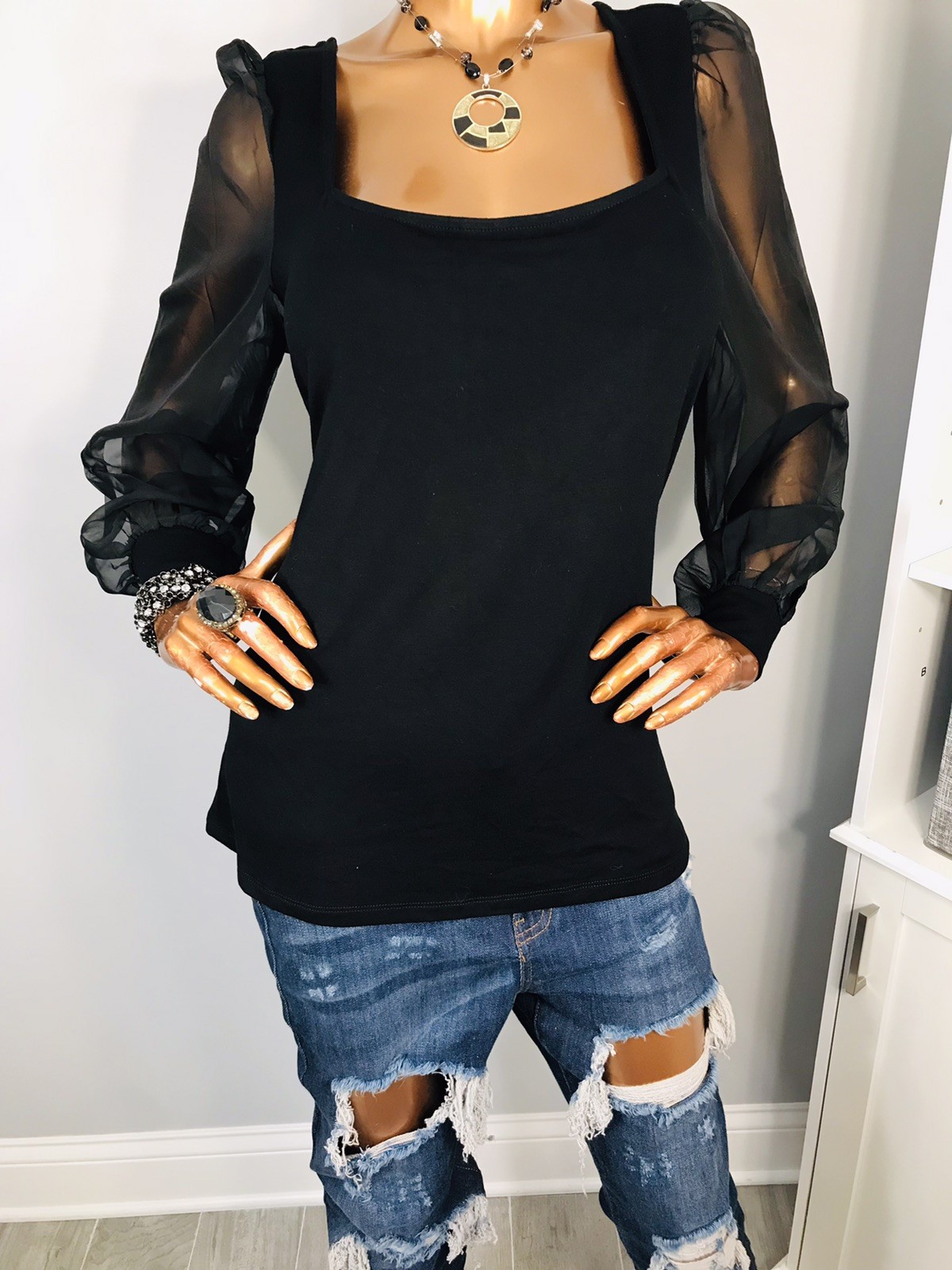ELOQUII 14/16 or L Top Stretch Black NWT Long Sheer Sleeves Blouse Square Neck