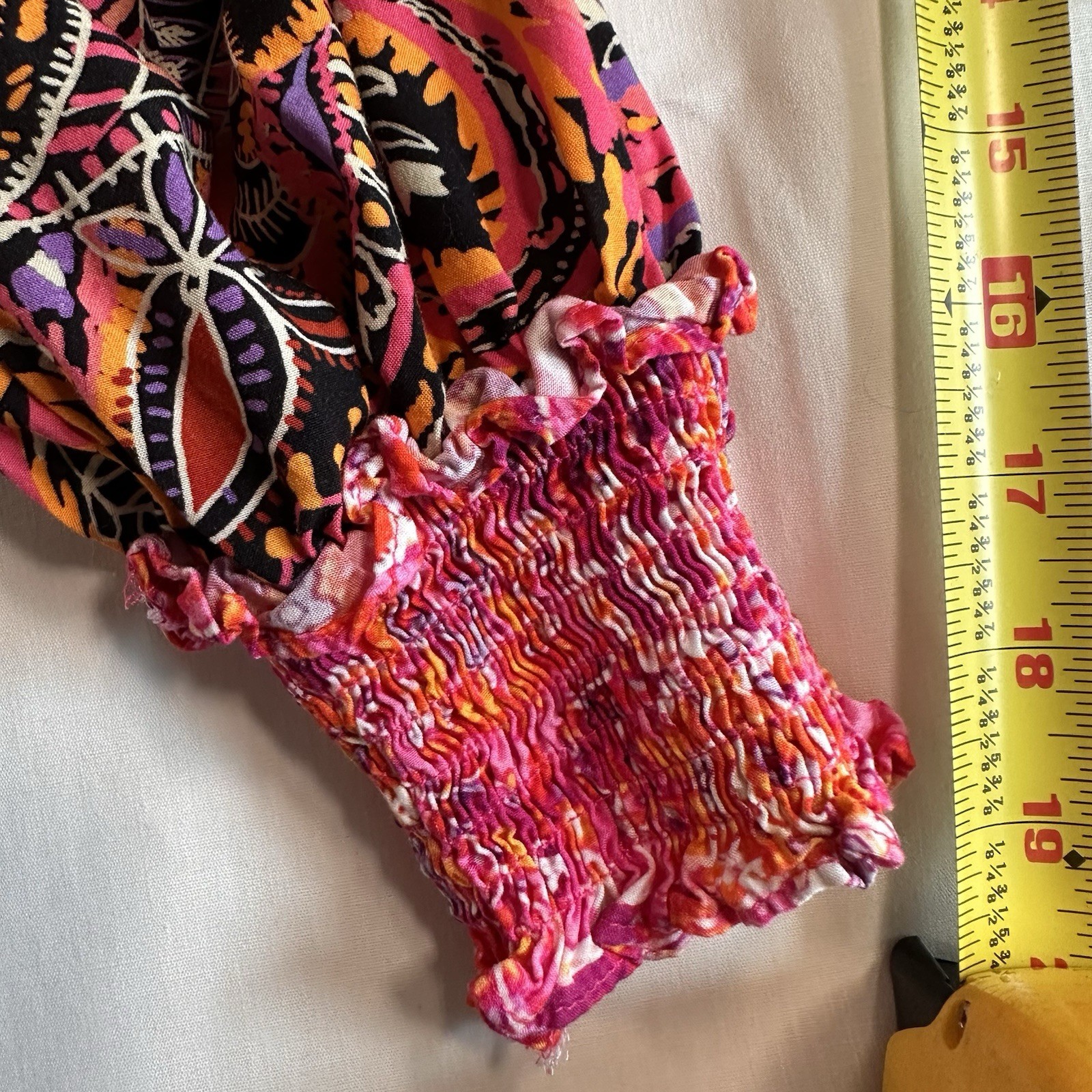 Multicolor Floral Viscose Button Front Smocked gypsy Boho peasa Blouse Womens L