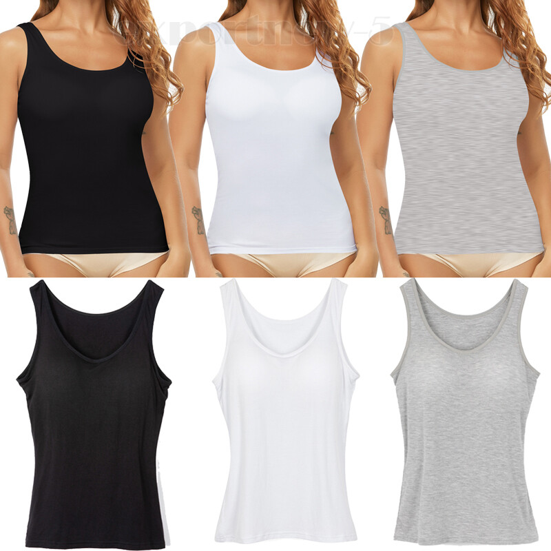 TANK TOP Womens Stretch Long Workout Fitness Sport Yoga Built in Bra Basic Top