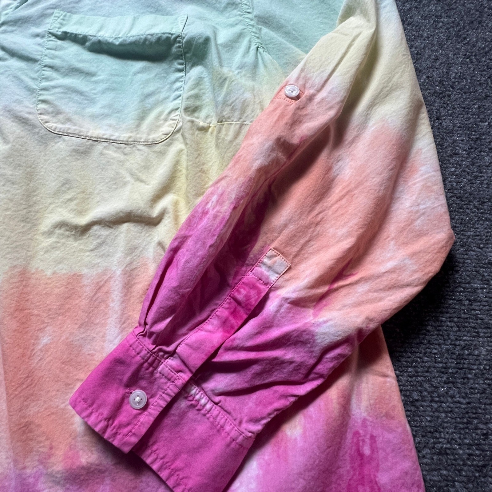 Lands End Womens 2X Tie Dye Cotton Button Down Shirt Rainbow Joy Pride Plus