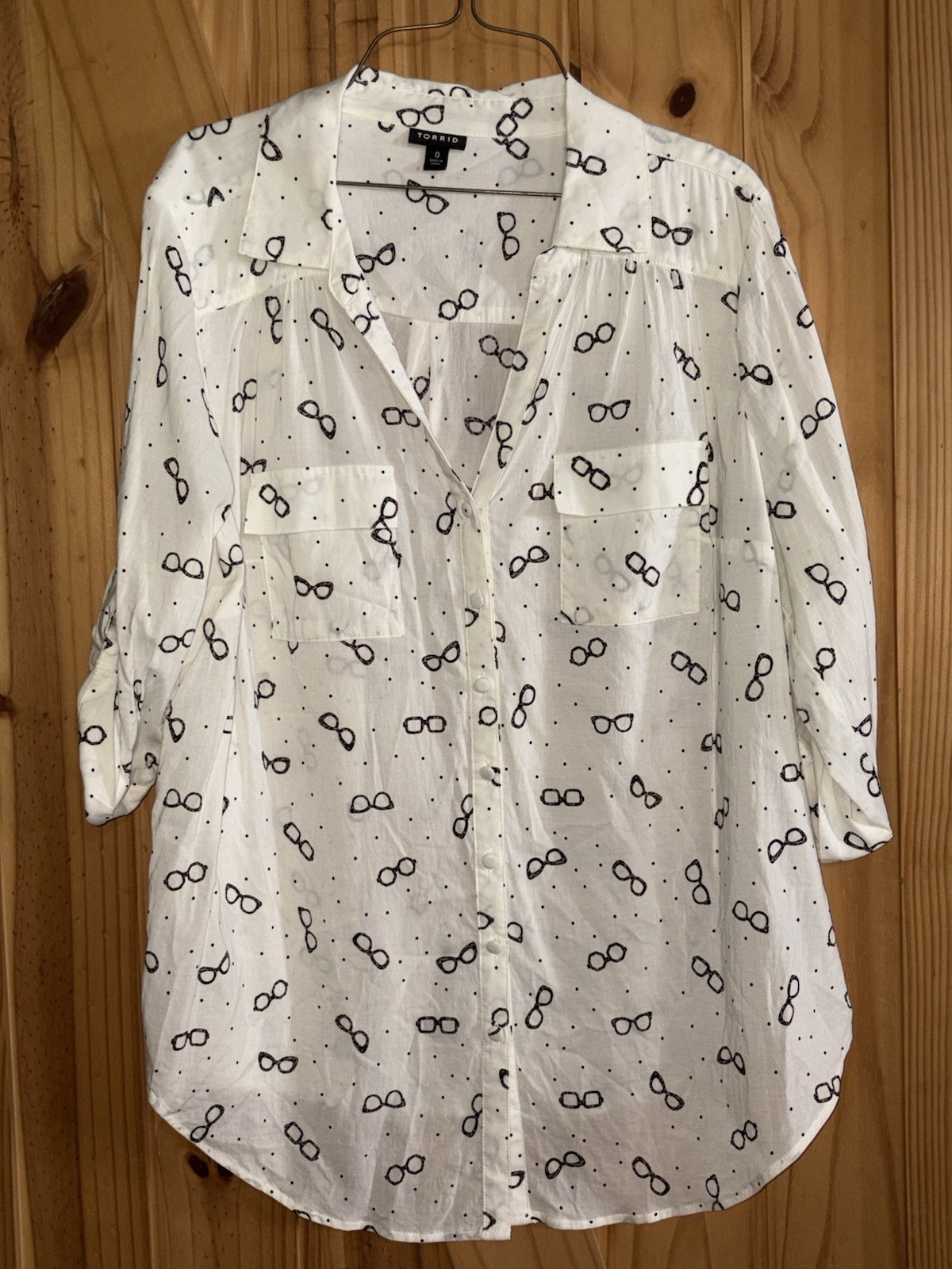 Torrid Button Up Shirt Womens 0 3/4 Sleeve Polka Dot Pockets Glasses Nerdy Geek