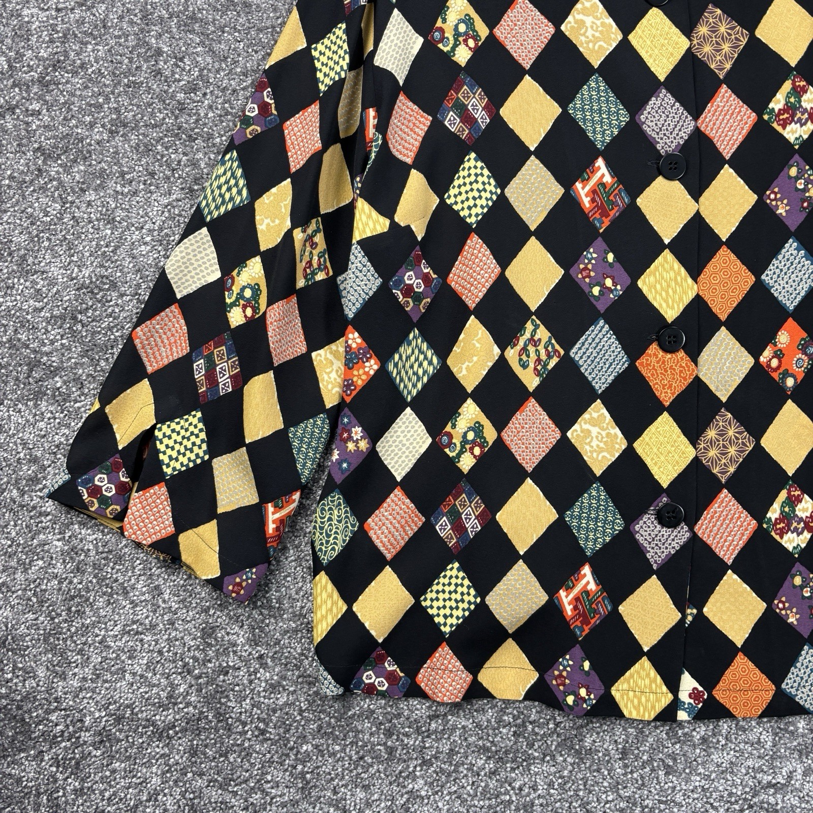 Harari Blouse Top & Pants Womens Large 100% Silk Asian Art To Wear Argyle READ