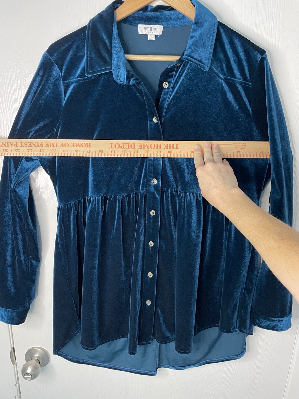 Umgee Womens L Teal Velvet Babydoll Tunic Top Button Up Long Sleeve Boho