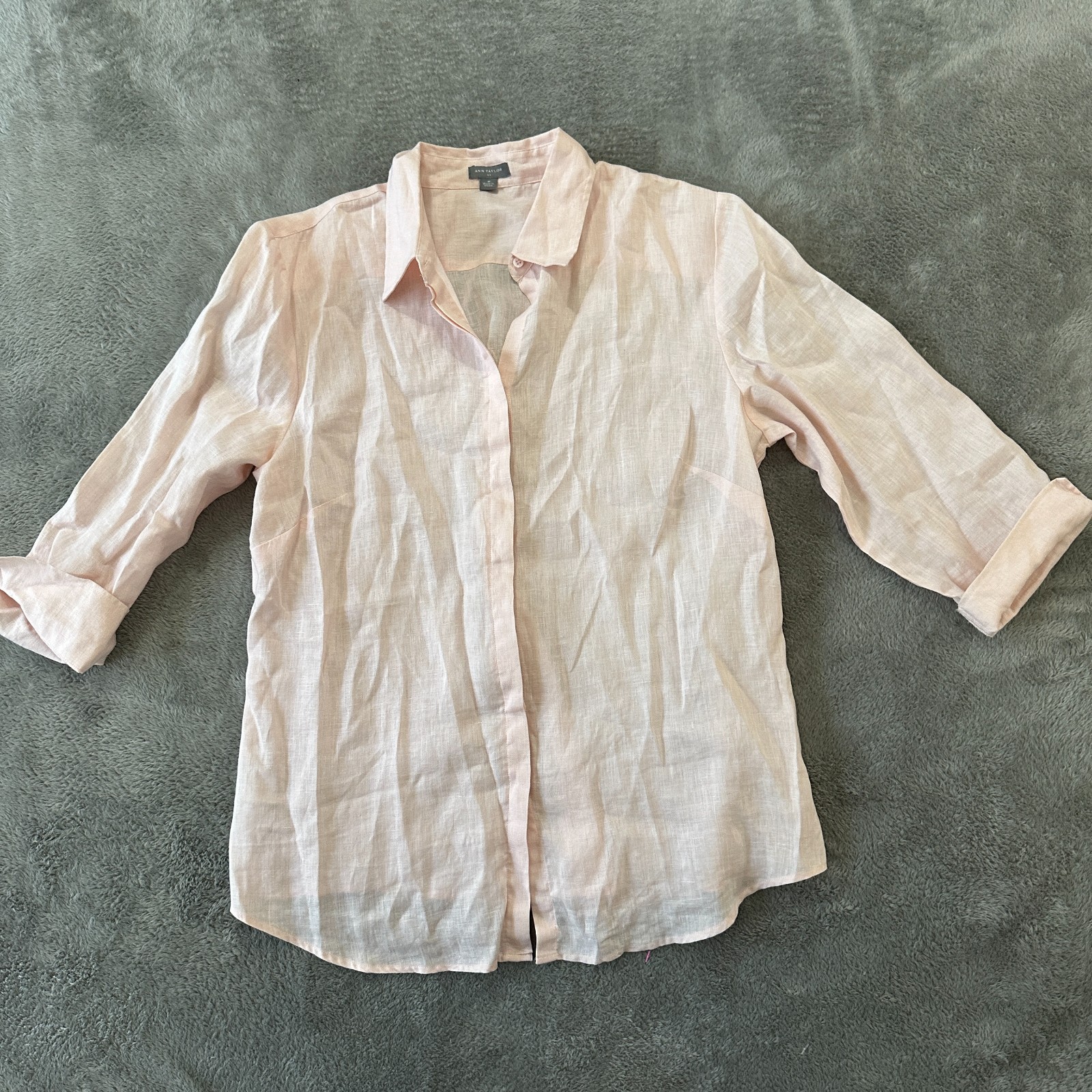 Ann Taylor Factory Pink Peach 100% Linen Button Up Blouse Shirt MEDIUM Top