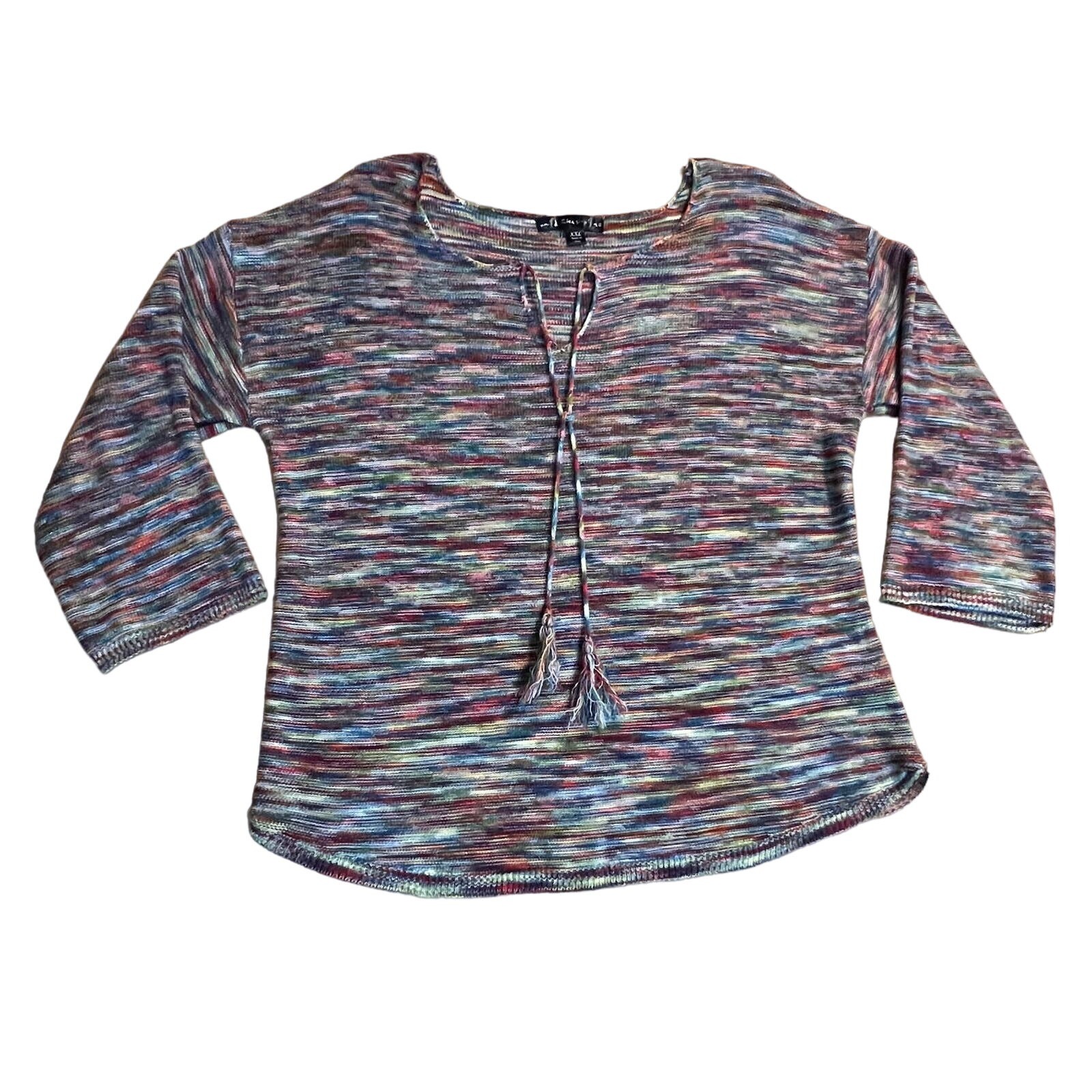 Wild Flower Multicolor Blended Fabric 3/4 Sleeve Scoop Neck w/Tassels Size XXL