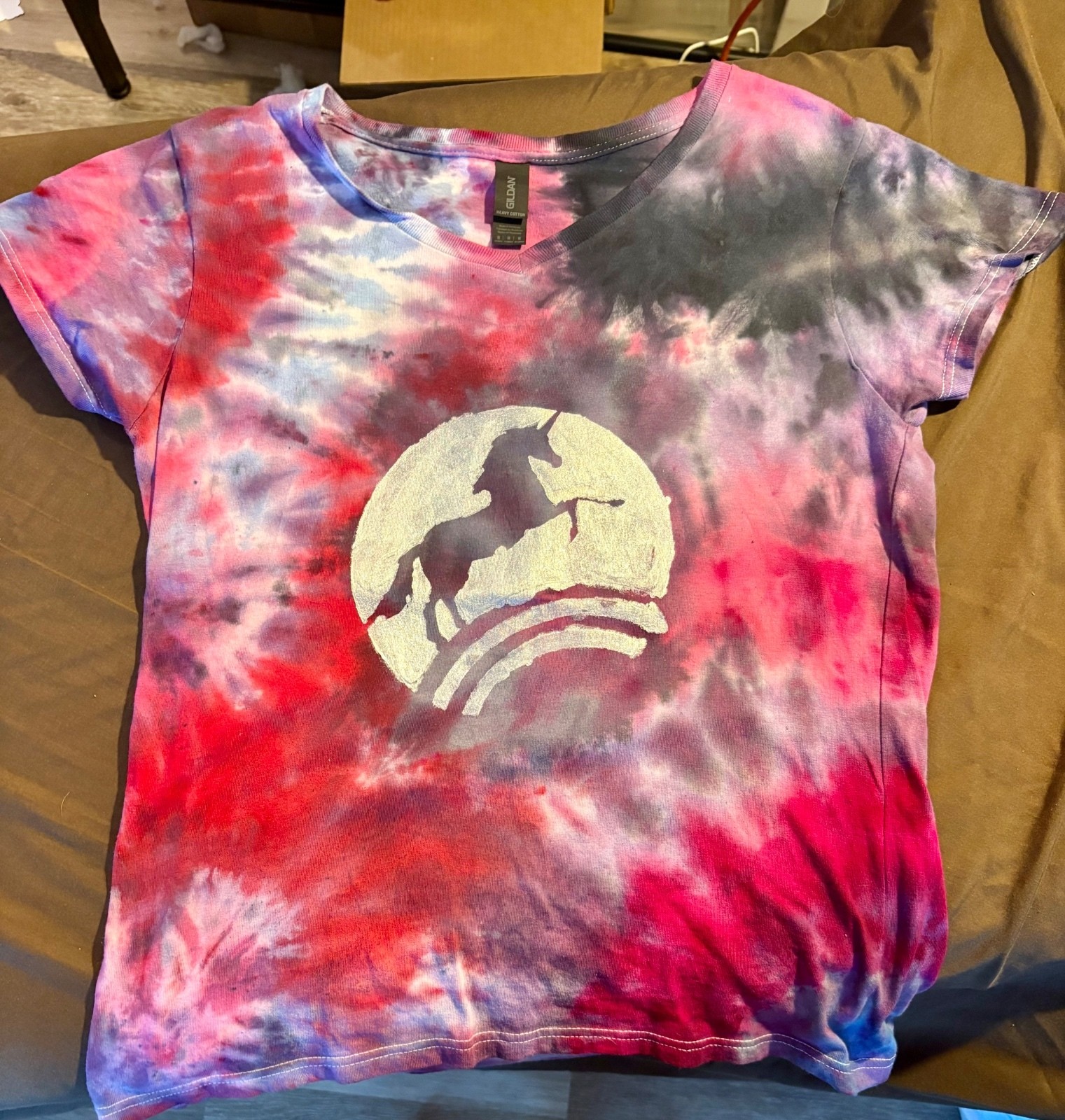 Hand Tie-Dyed and Painted T-Shirt with Unicorn Graphic, Size M