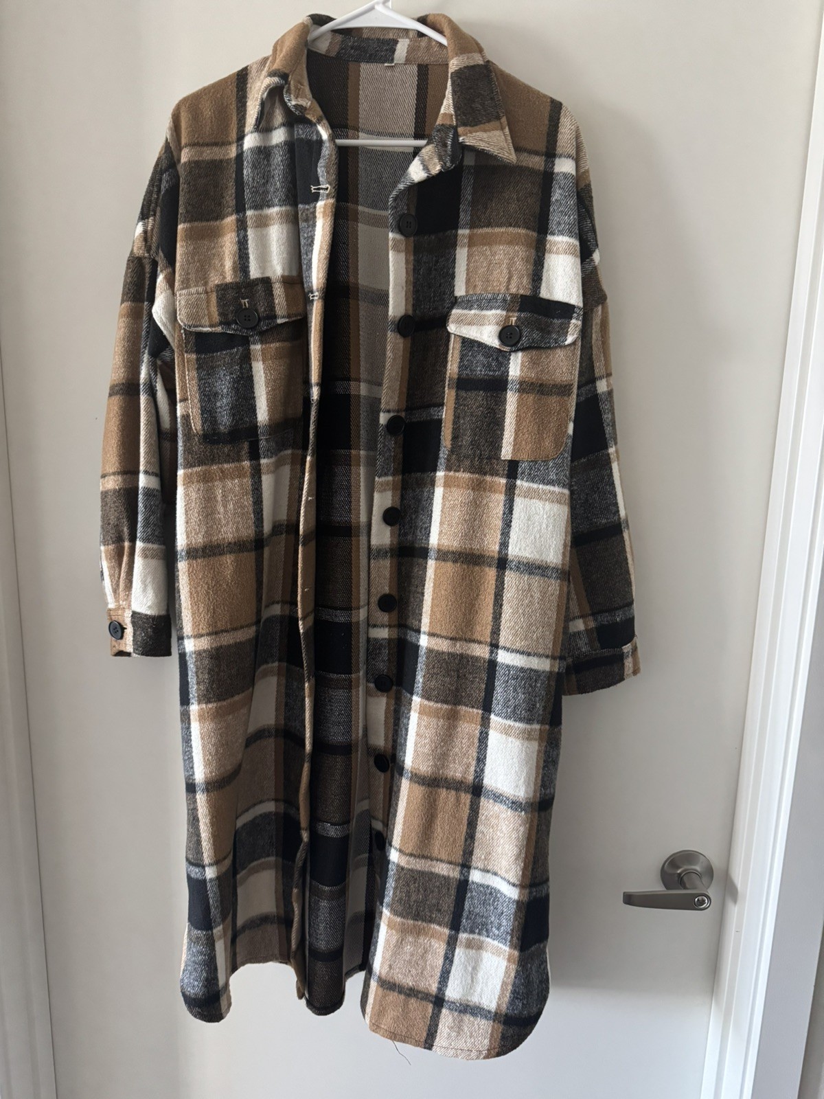Women’s Plaid Flannel Shacket Longline Shirt Jacket Brown Cream Black Oversized