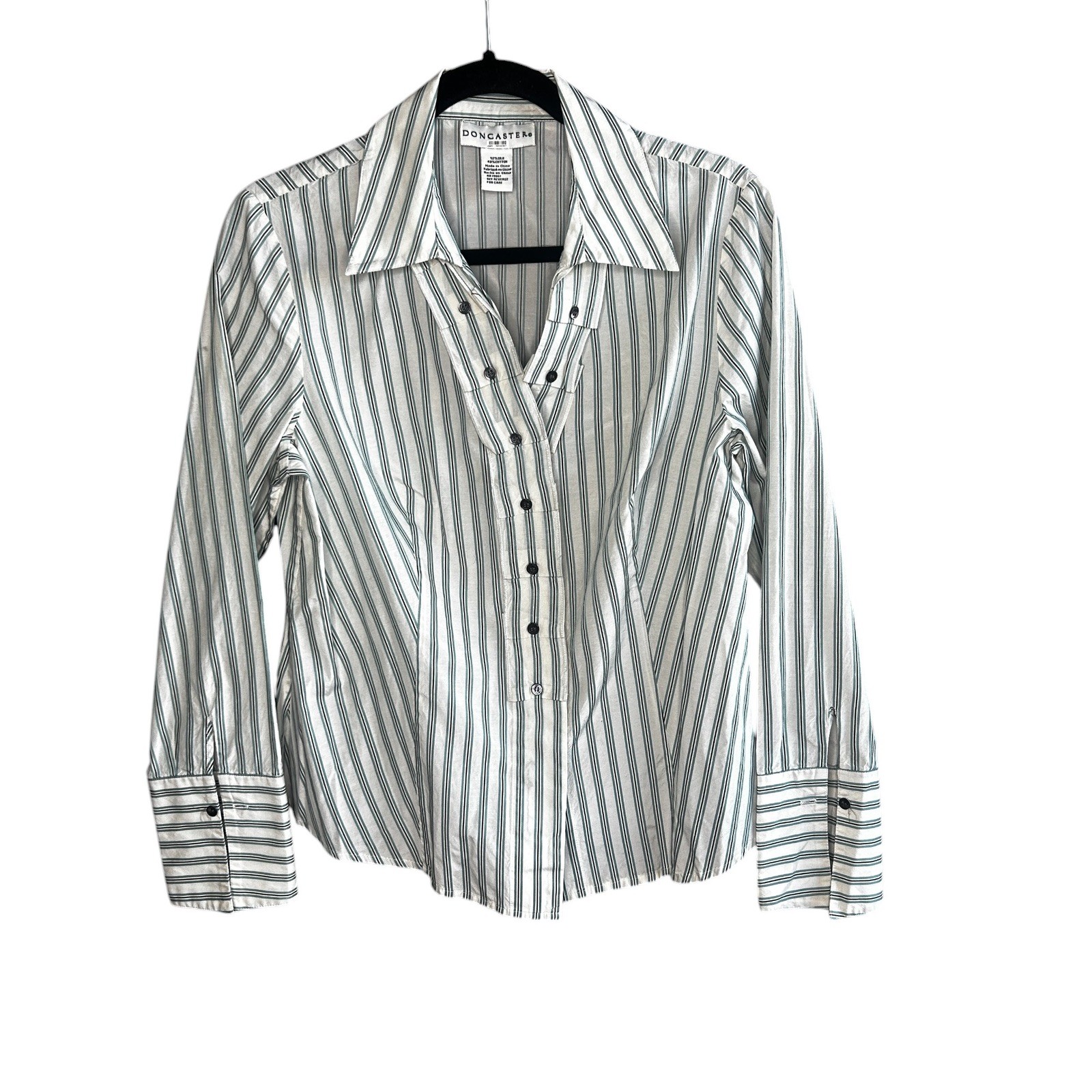 Doncaster Gray White Striped Pleated Placket Silk Blend Blouse Shirt Size 14