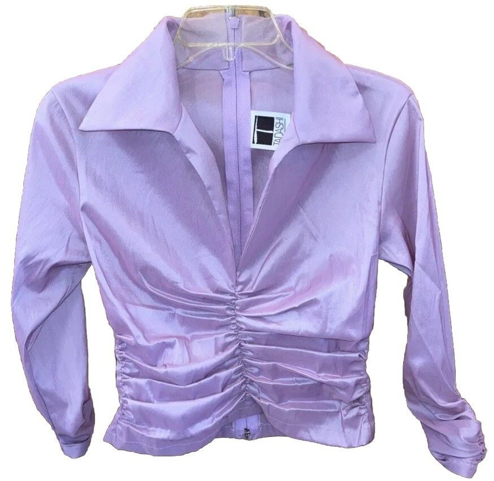 TADASHI Shoji Women 6 Iridescent Purple Ruched Blouse V Neck Shirt Top Zip