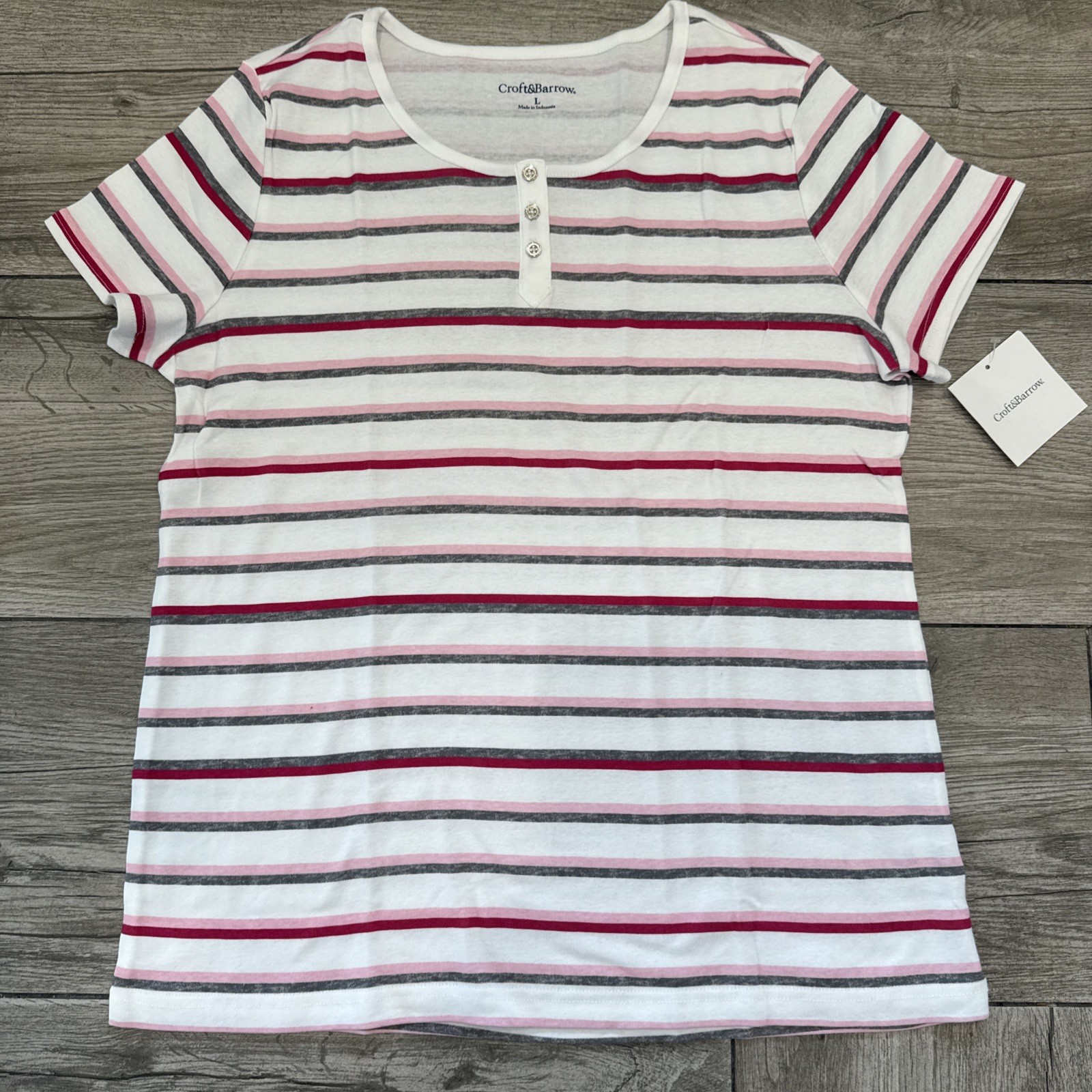 Large Croft & Barrow The Classic Tee White Pink Gray Striped Henley 2018 T-Shirt
