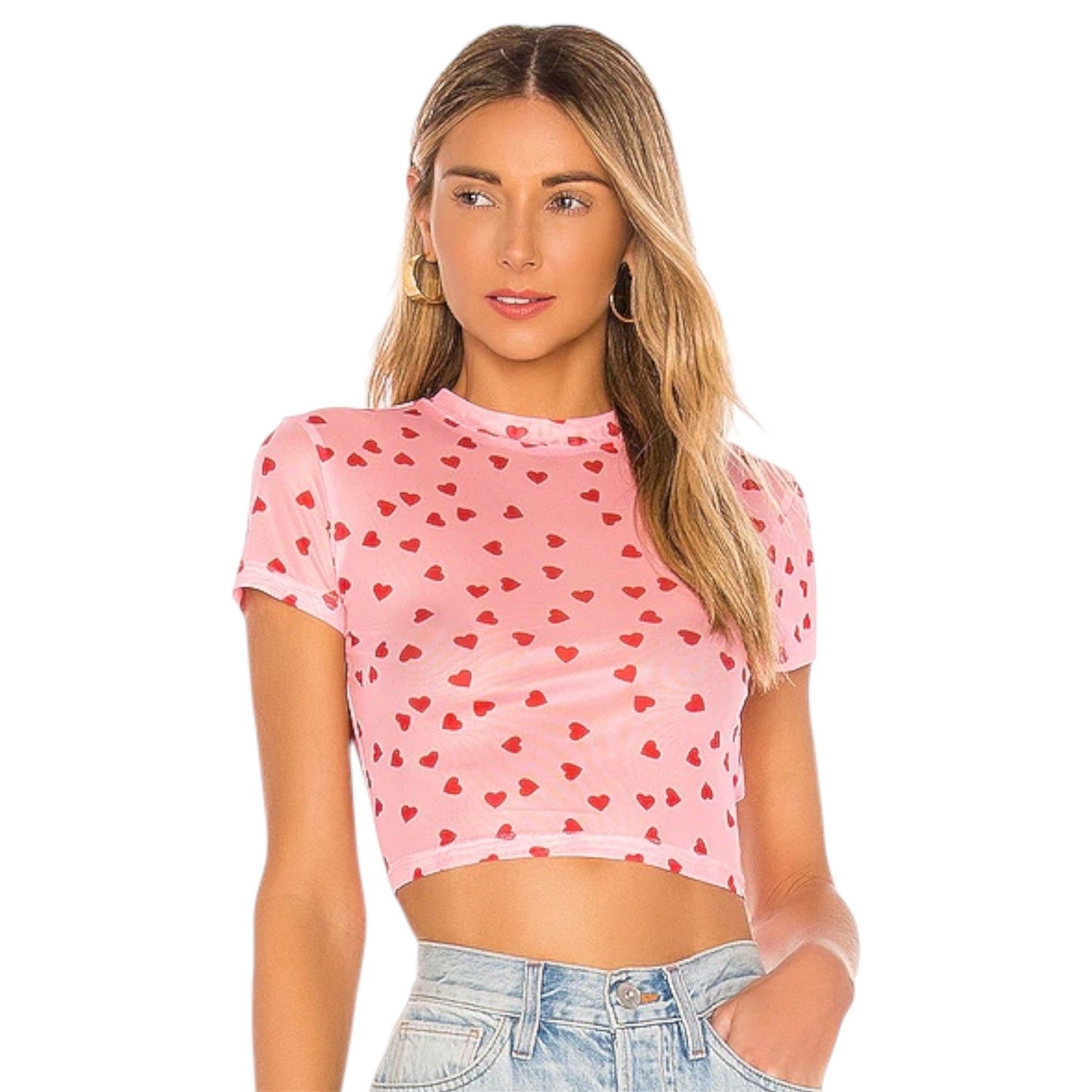 superdown Heart Mesh Crop Top Womens XS Pink Red Short Sleeve Sheer