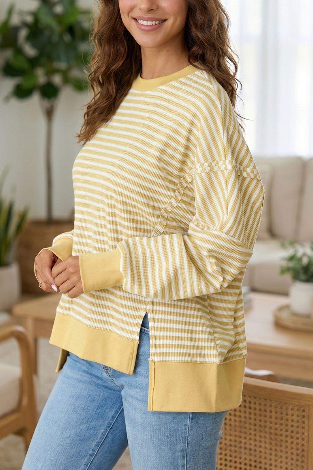 SYNZ Women’s Striped & Textured Knit Split Hem Long Sleeve Top, S to XL