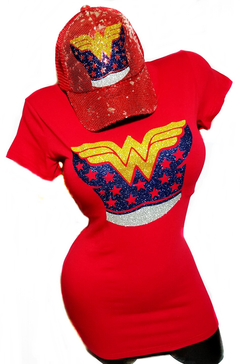 Wonder Woman Red Fitted Spandex tee with shiny lettering.